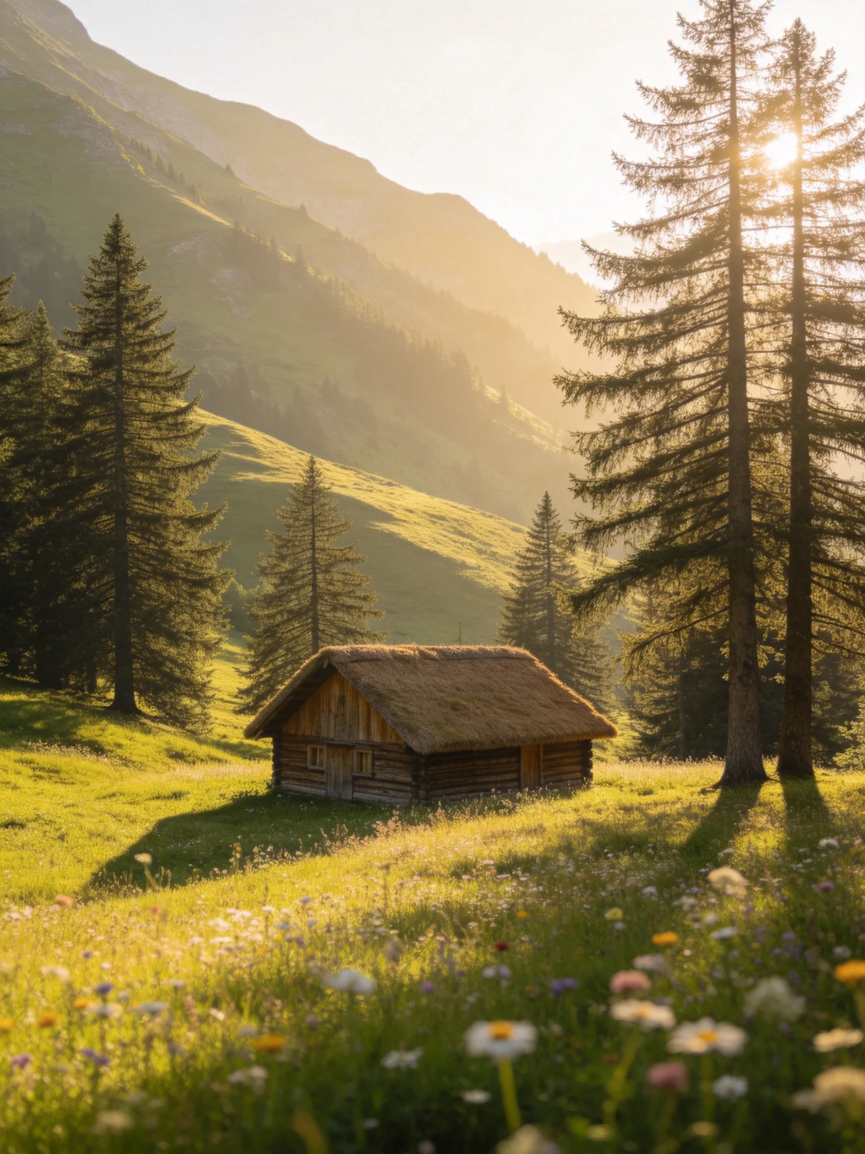 A rustic log cabin nestled among tall pines on a sunlit mountain meadow
