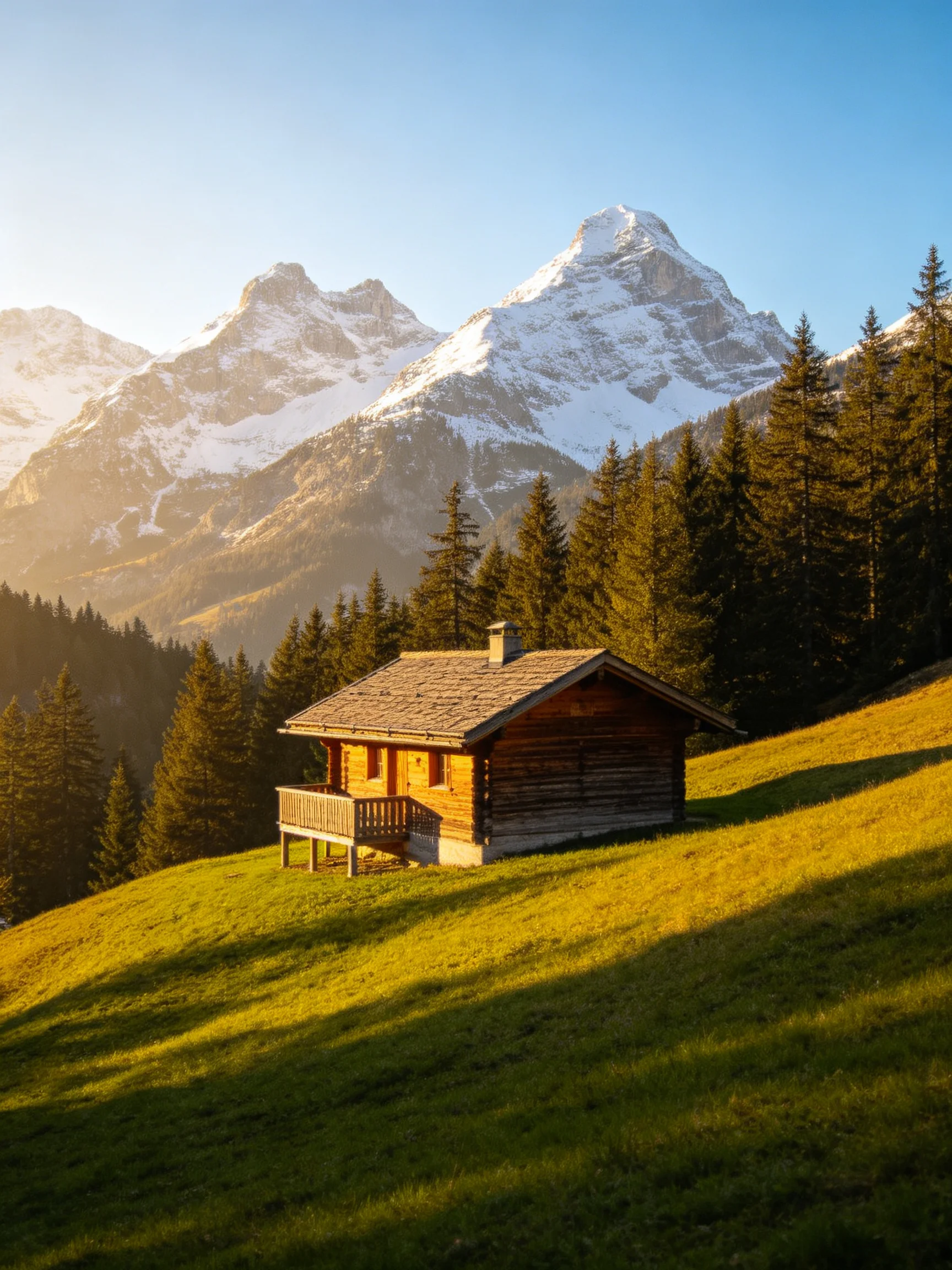 A rustic log cabin on a sunlit meadow with snow - capped mountain backdrop