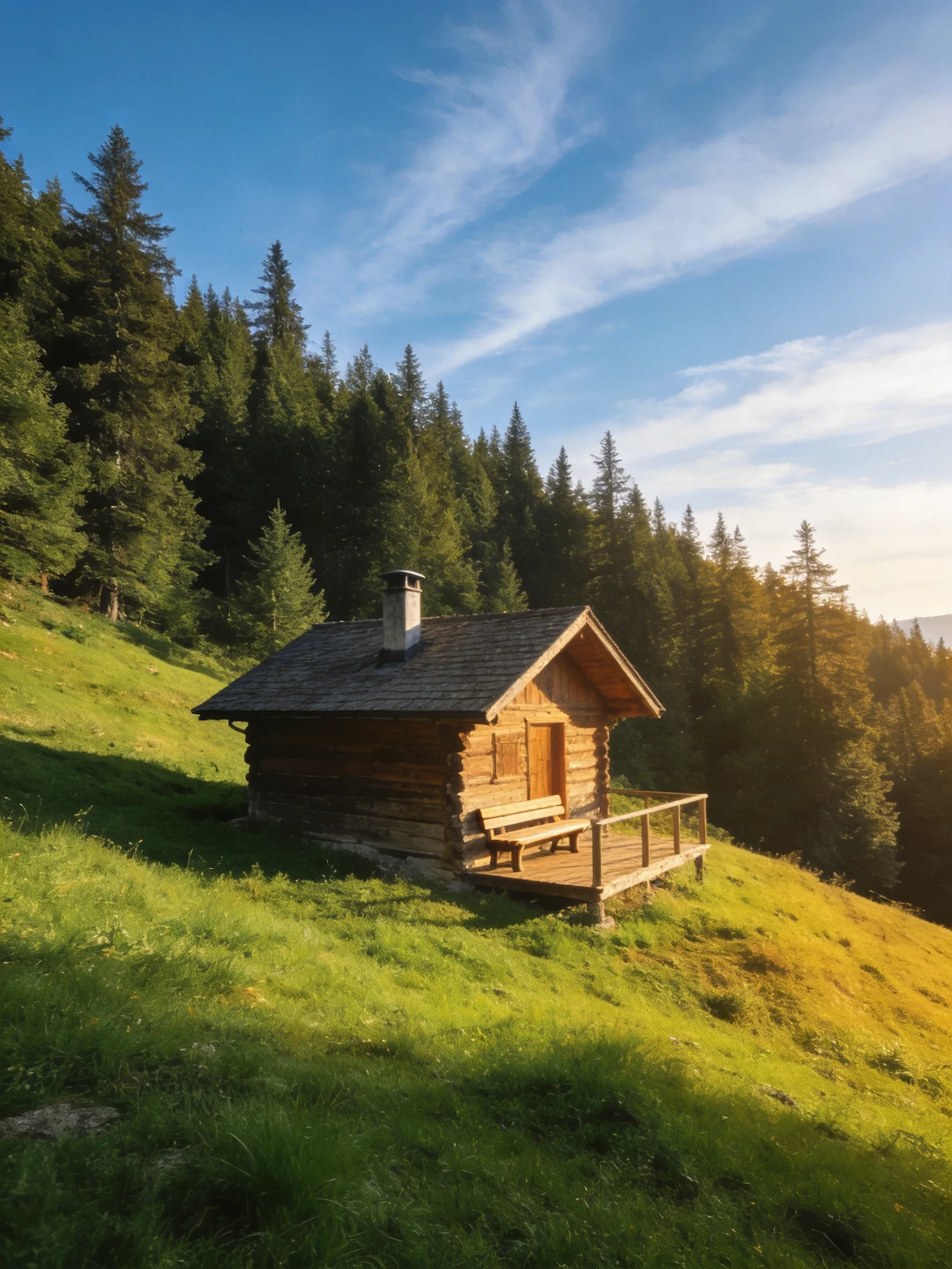 A rustic log cabin sits atop a lush green hillside near dense pine trees