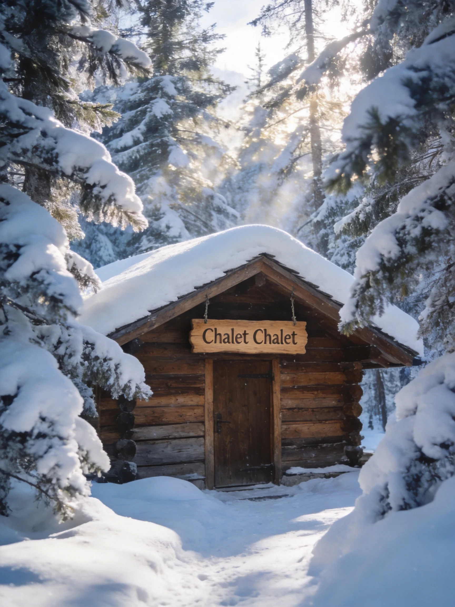 A rustic log cabin surrounded by snow-laden evergreen trees