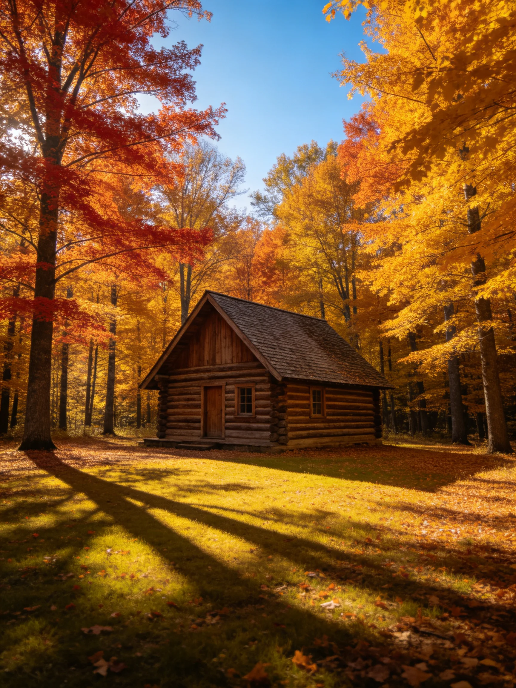 A rustic log cabin surrounded by vibrant autumn foliage