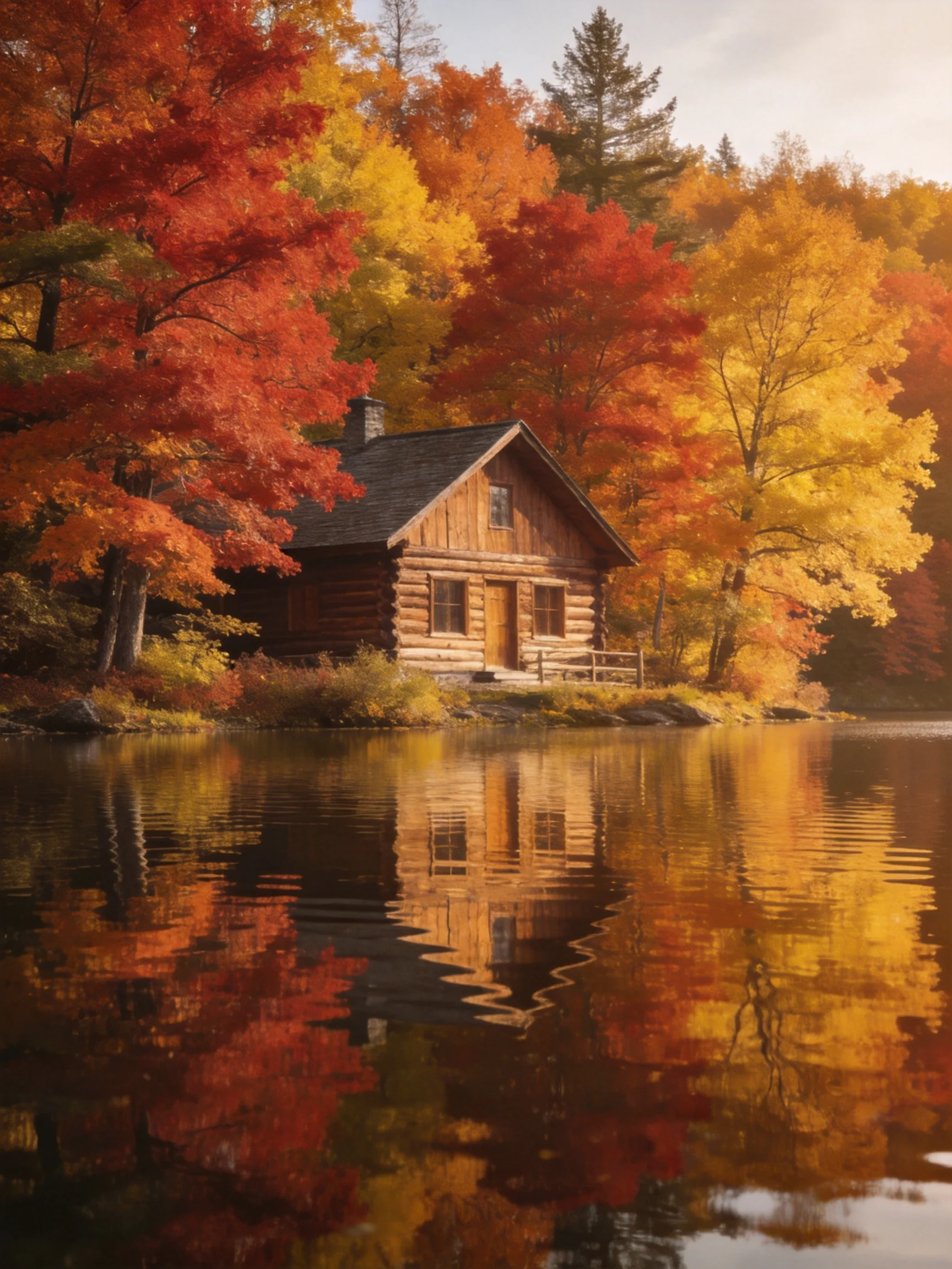 A rustic log cabin surrounded by vibrant fall foliage beside tranquil water