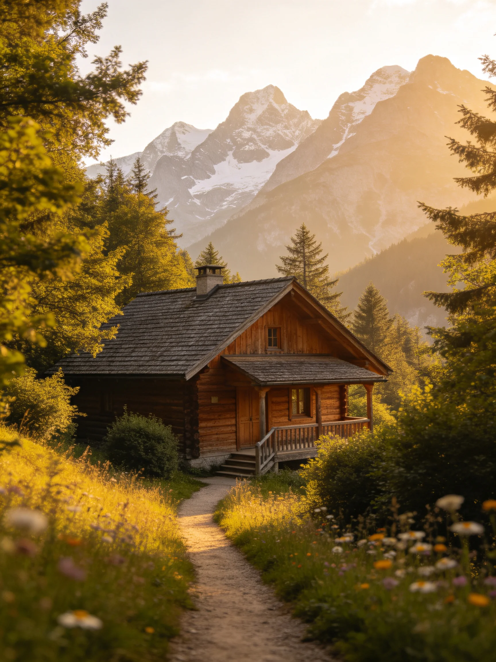 A rustic log cabin surrounded by wildflowers and towering mountains