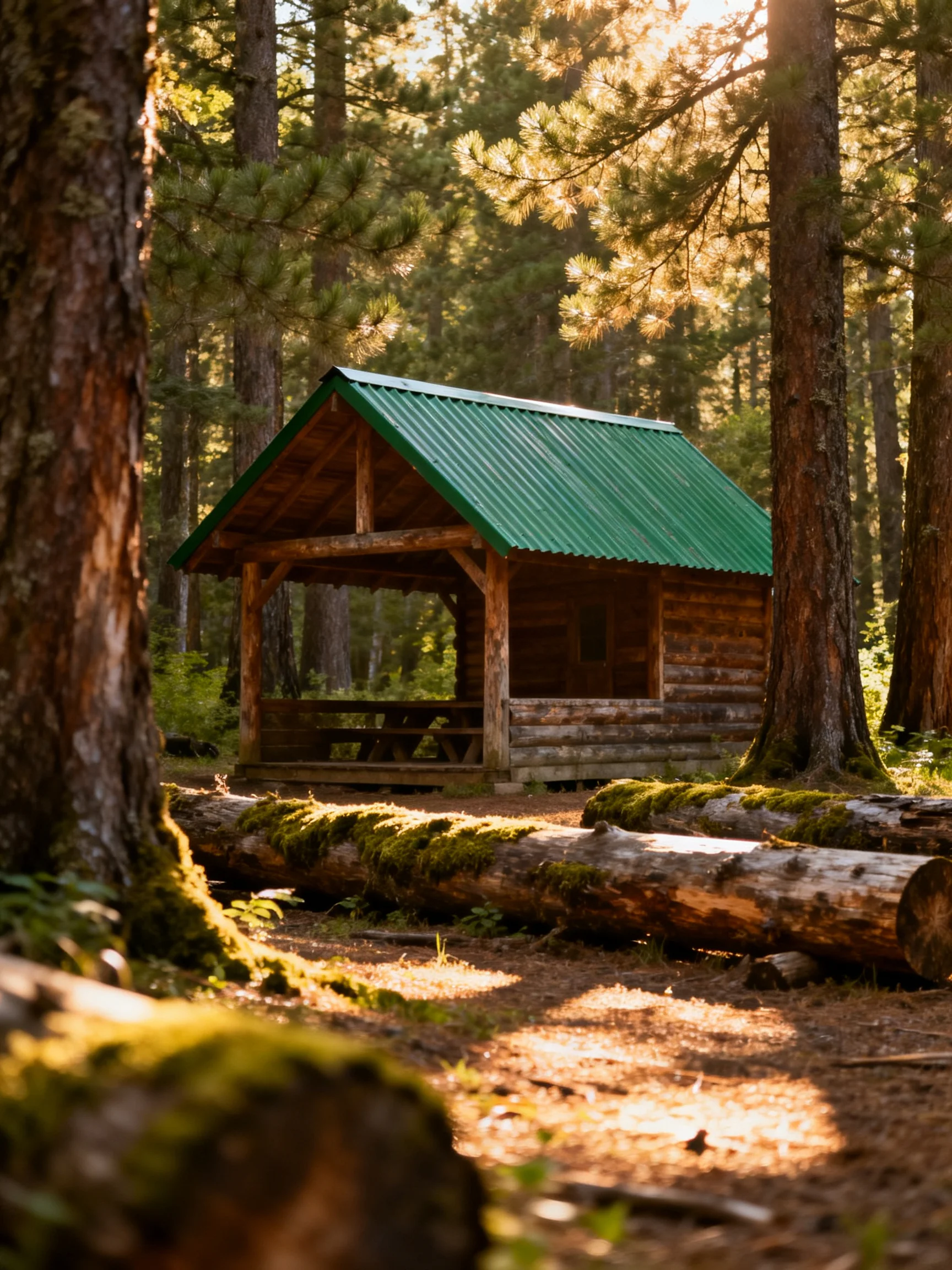 A rustic log cabin with green metal roof nestled among tall pine trees