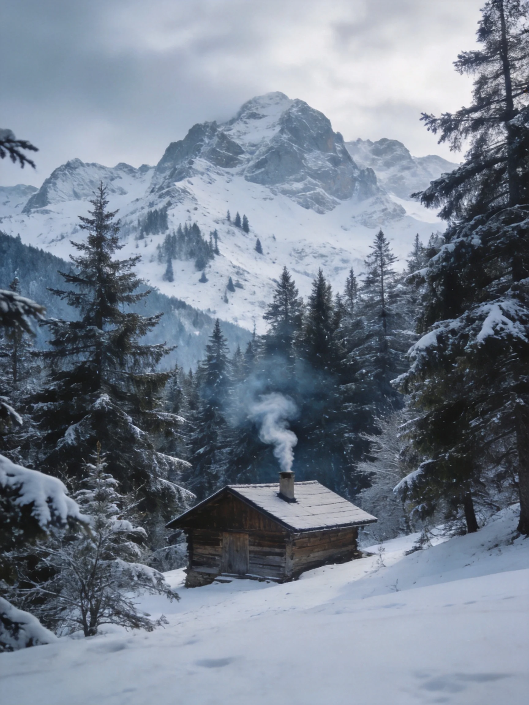 A rustic log cabin with smoke near snow-capped mountains and pine forests