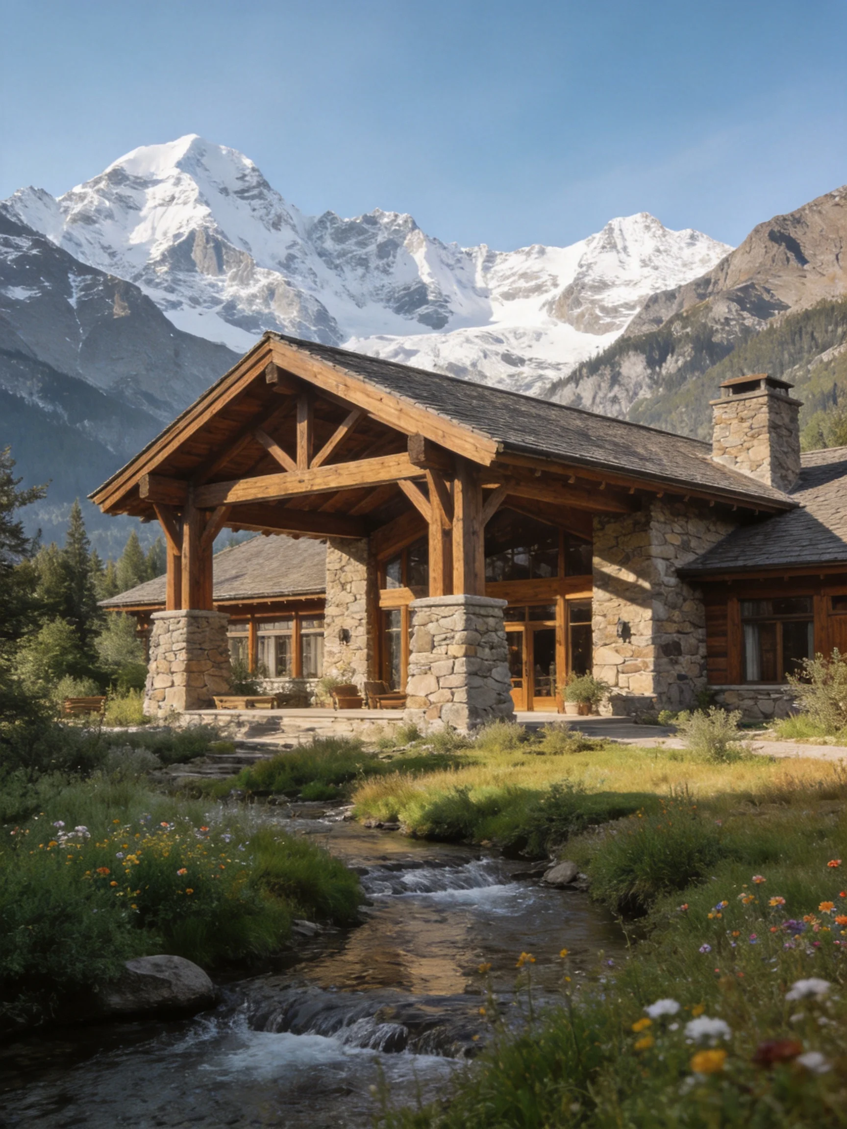 A rustic stone-and-wood lodge near snow-capped mountains