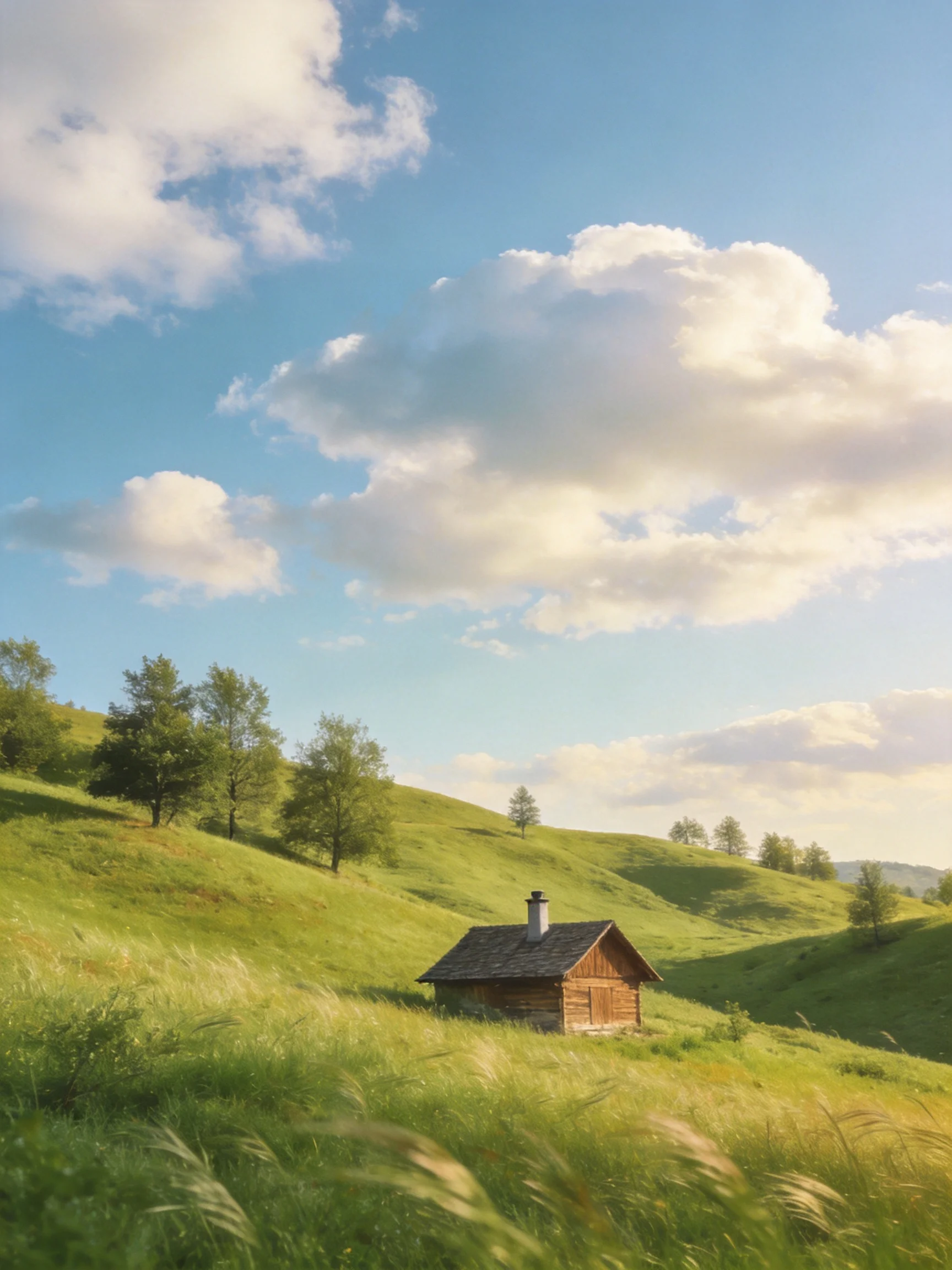A rustic wooden cabin amid rolling green hills under bright blue skies