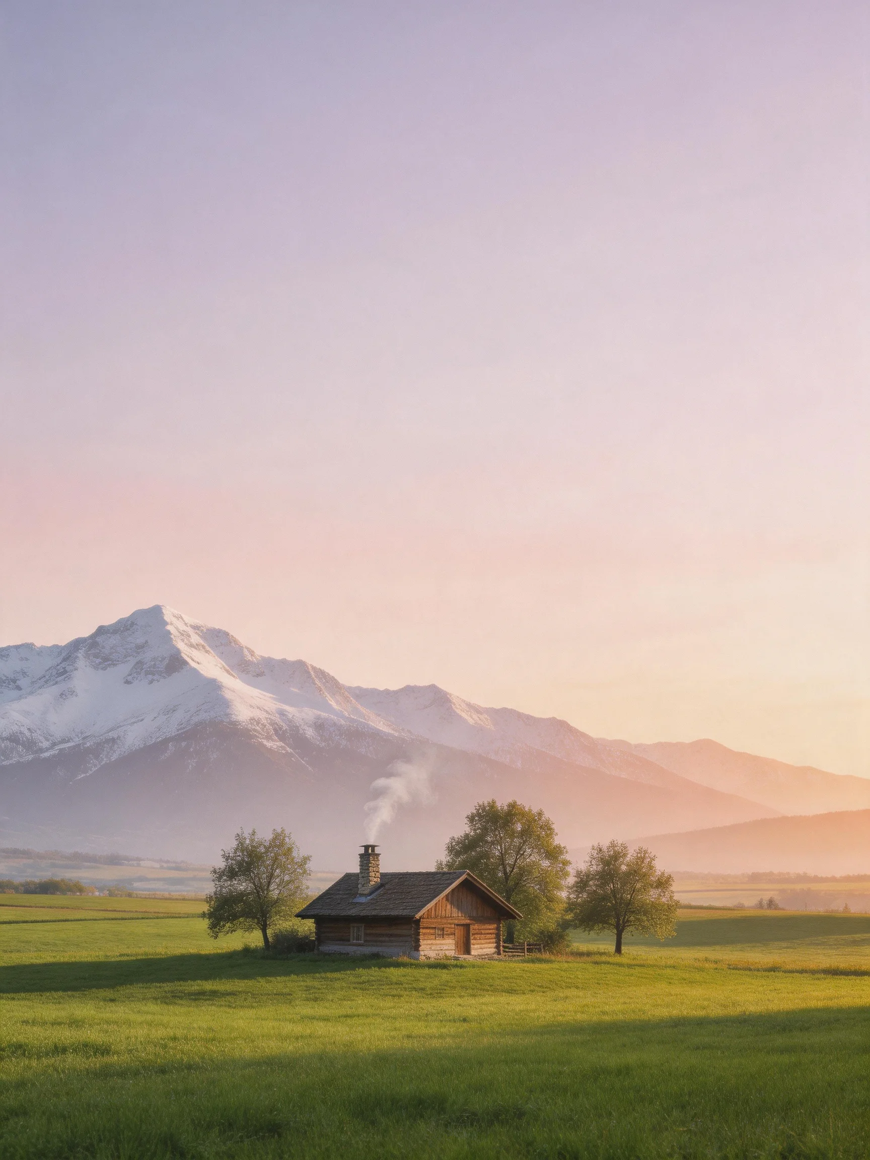 A rustic wooden cabin in a lush green meadow with snow-capped mountains afar