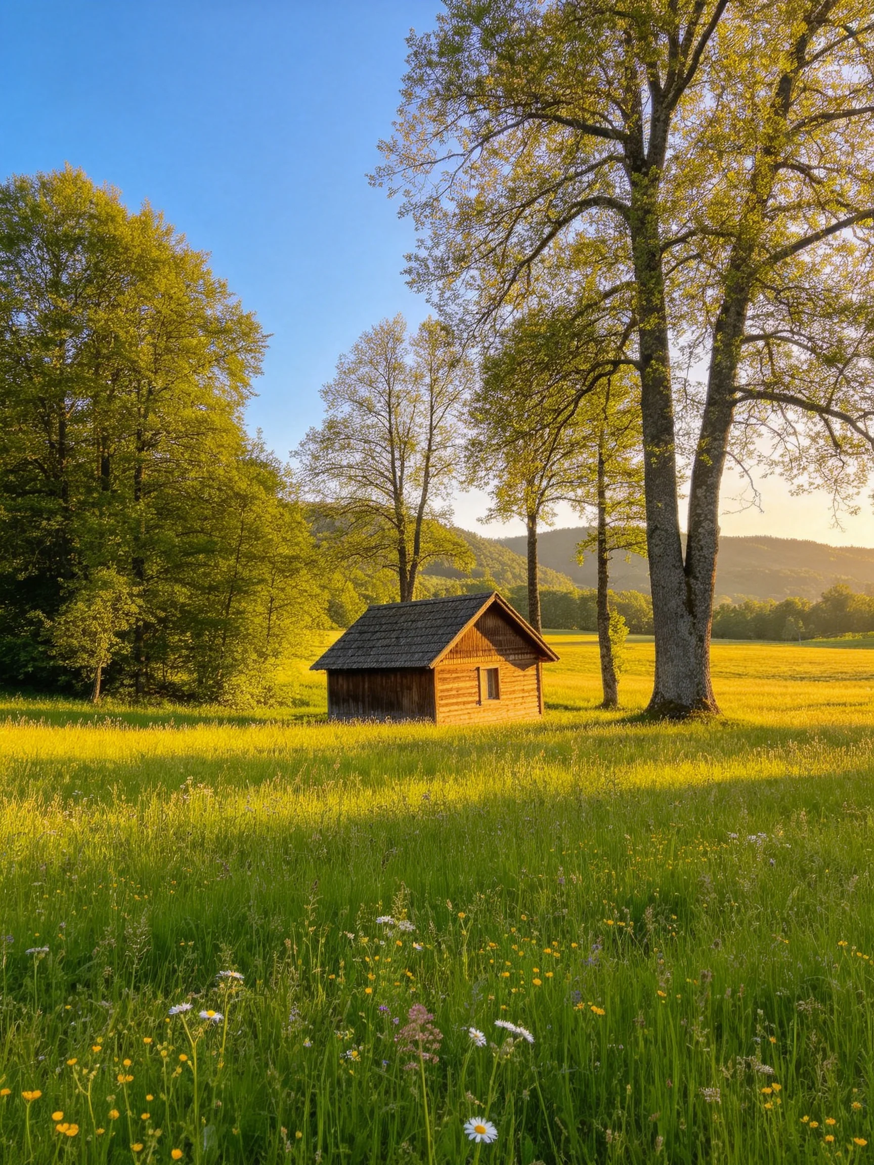 A rustic wooden cabin nestled in a lush green meadow with tall trees