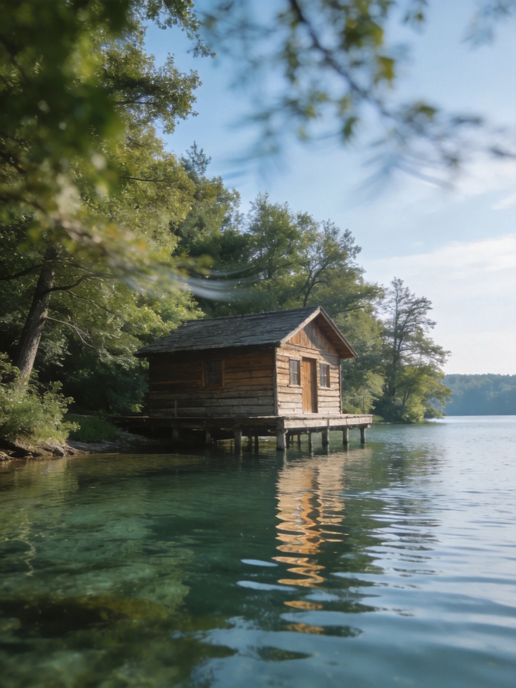 A rustic wooden cabin perched over a clear, tree - lined lake