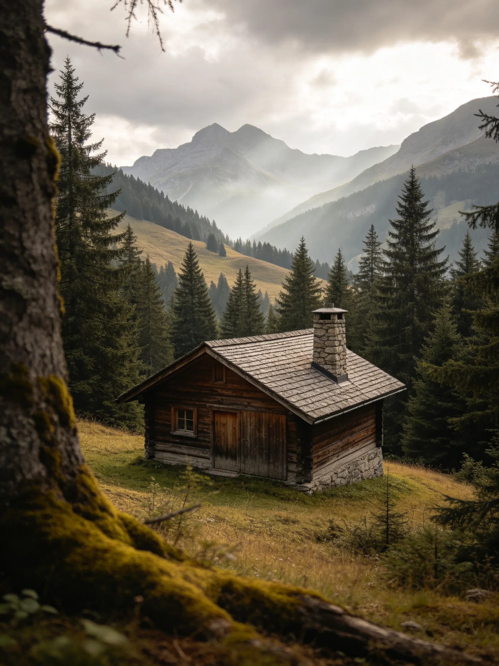 A rustic wooden cabin surrounded by tall evergreen trees with misty mountain backdrop