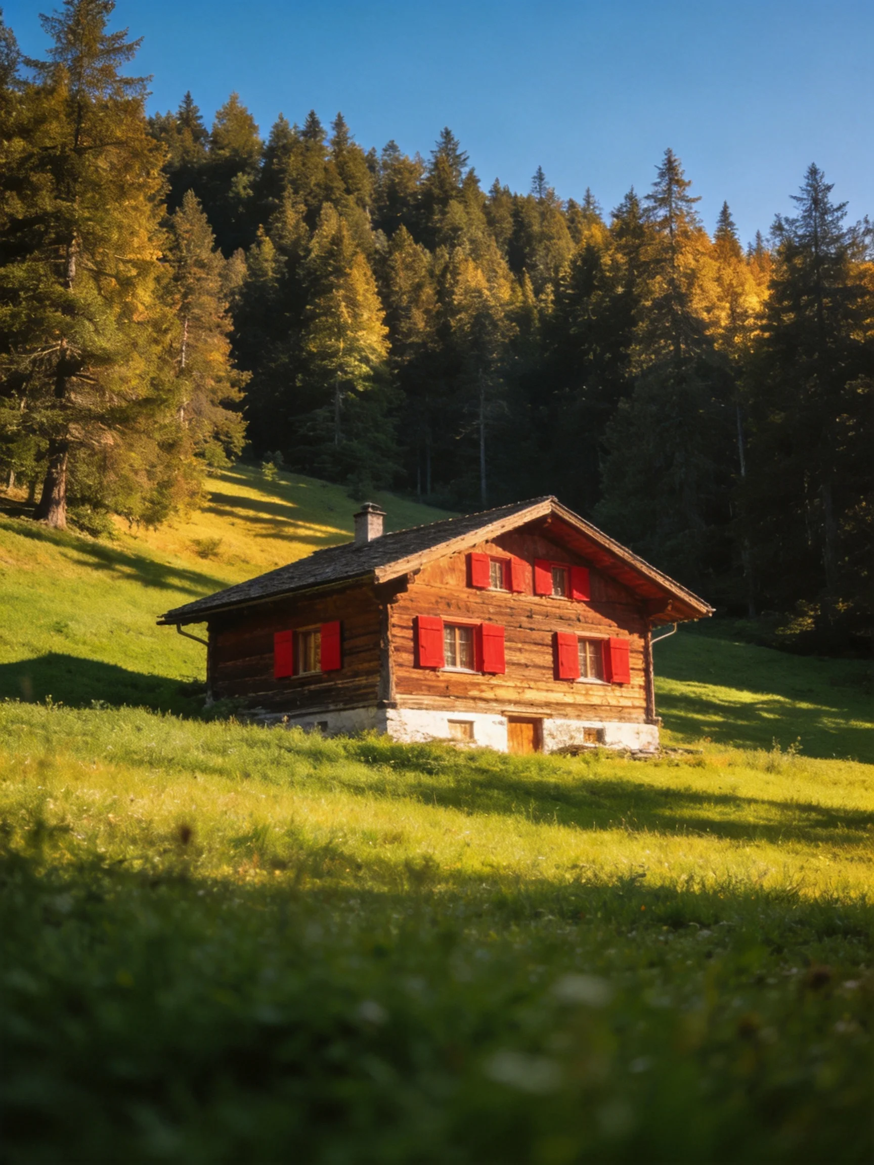 A rustic wooden cabin with bright red shutters in a sun-drenched meadow