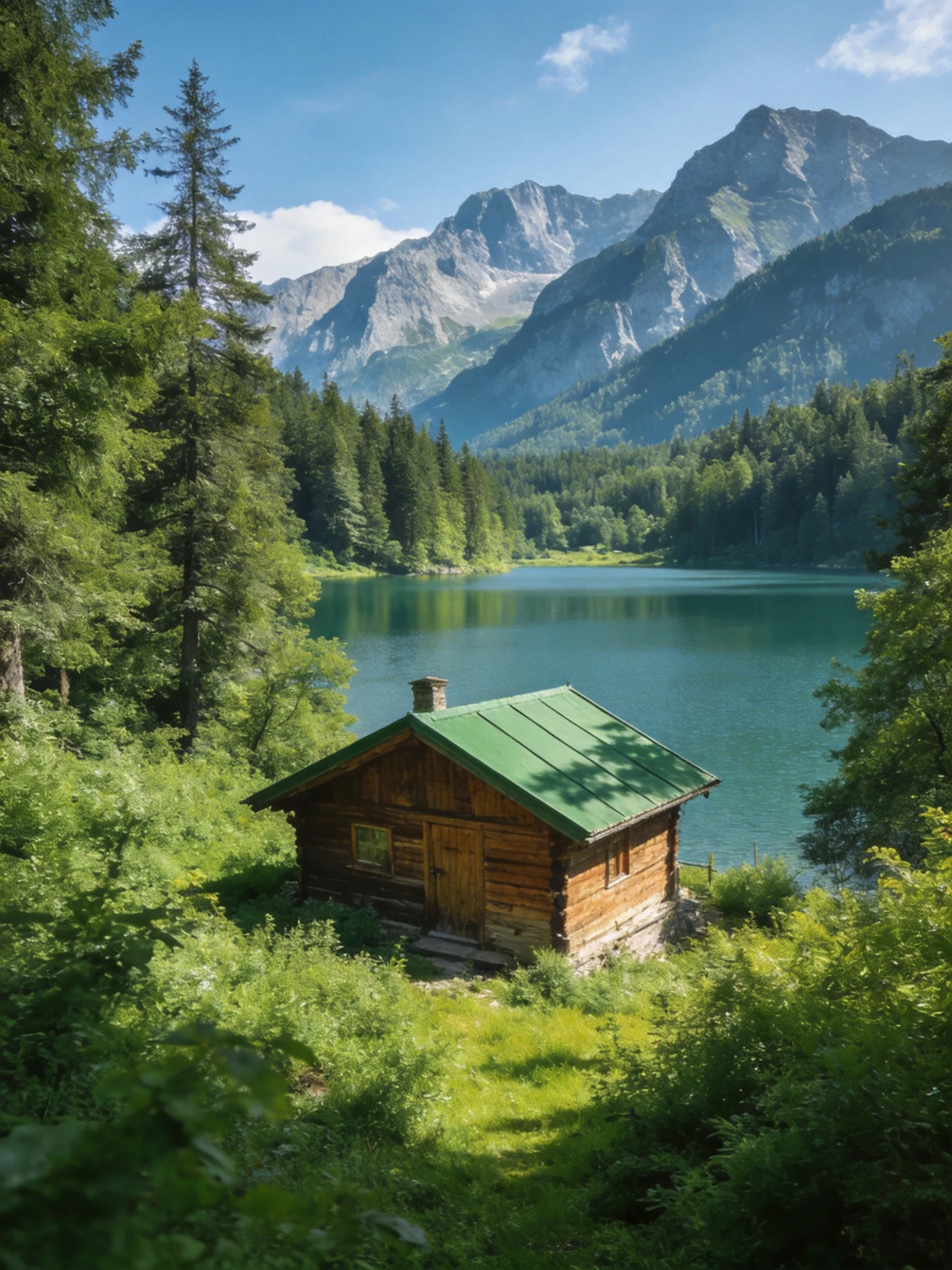 A rustic wooden cabin with green roof near turquoise lake and forested mountains