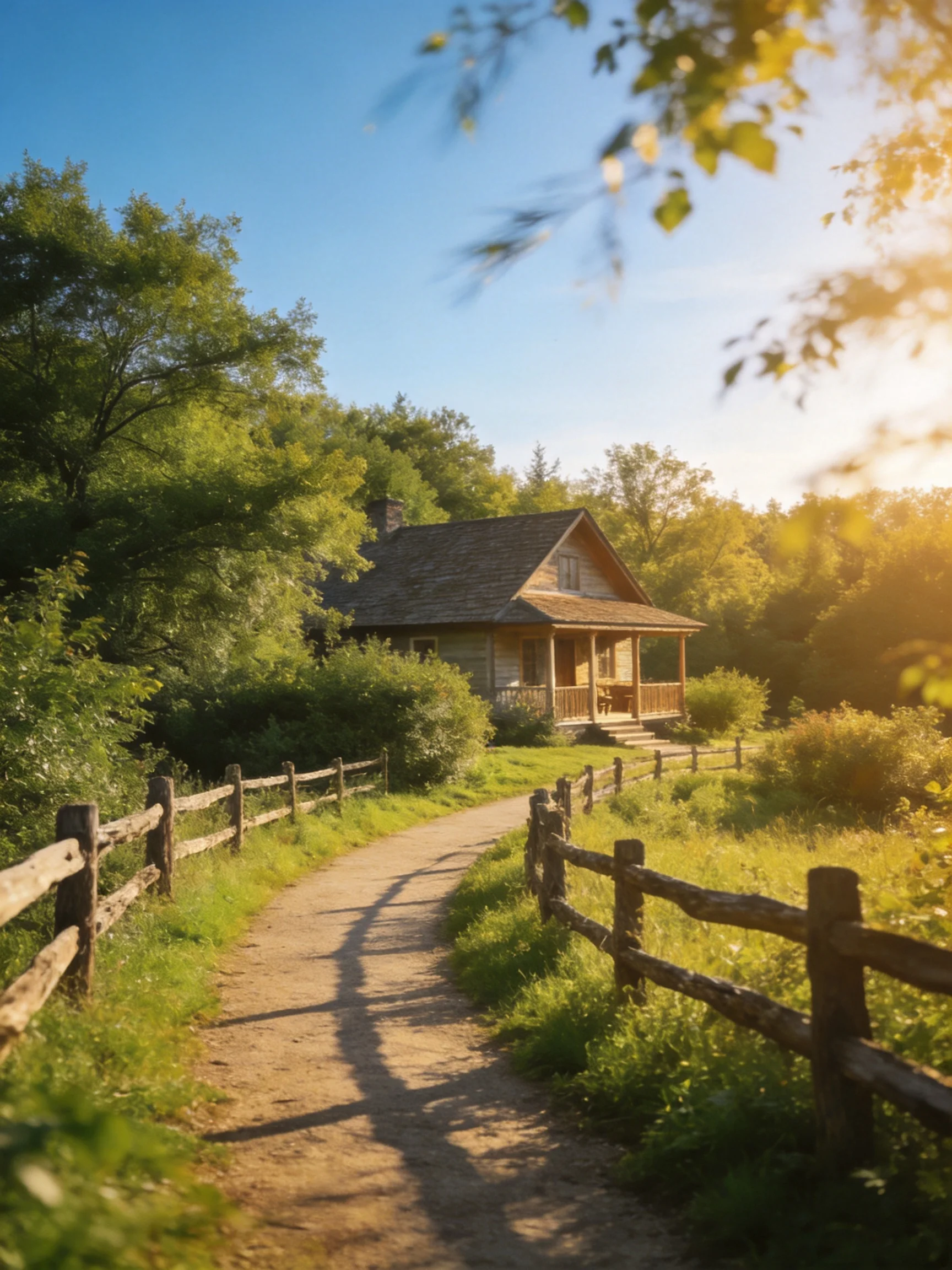 A rustic wooden house near a winding dirt path surrounded by lush greenery