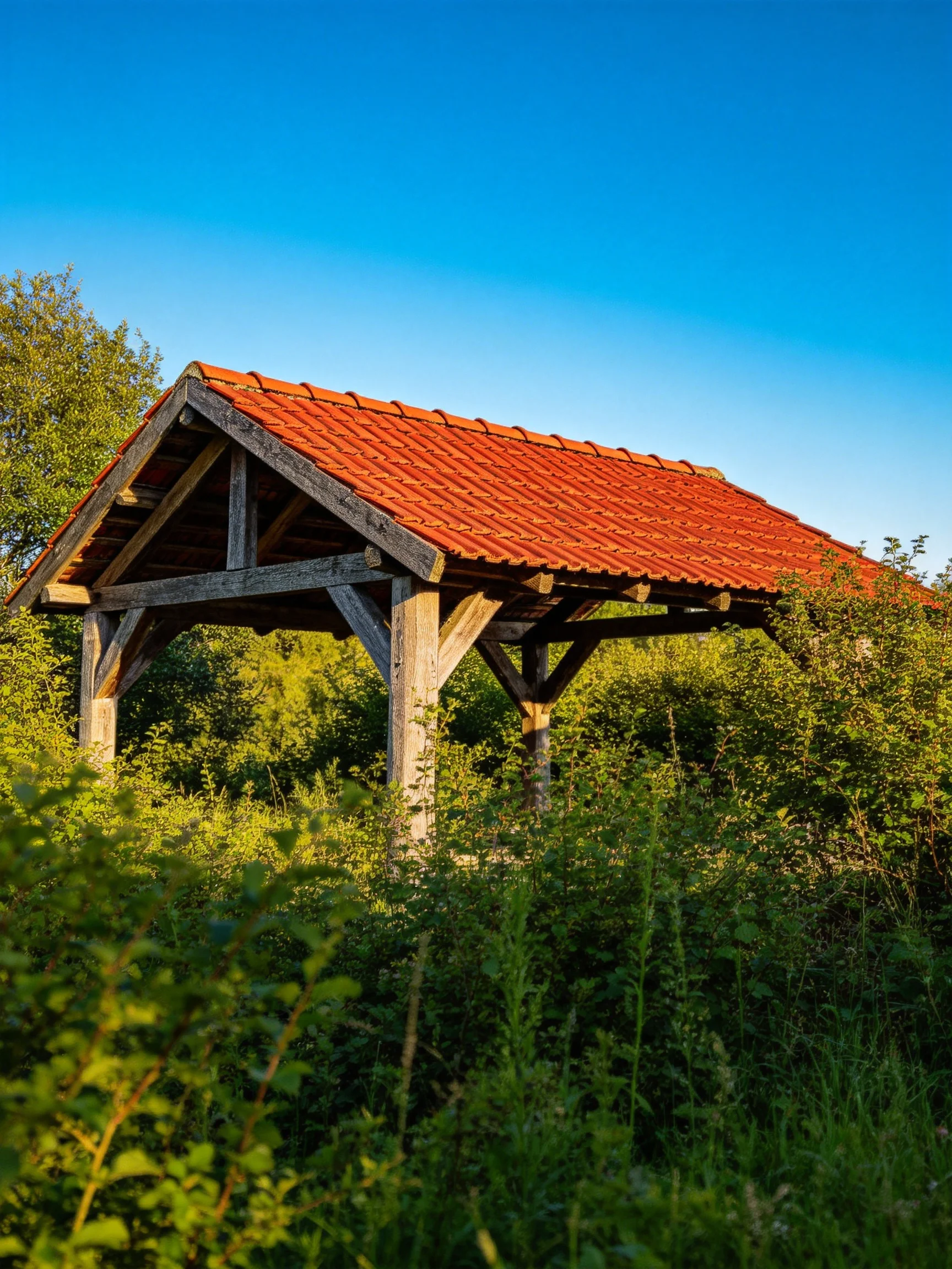 A rustic wooden shelter with a red tile roof amid lush greenery