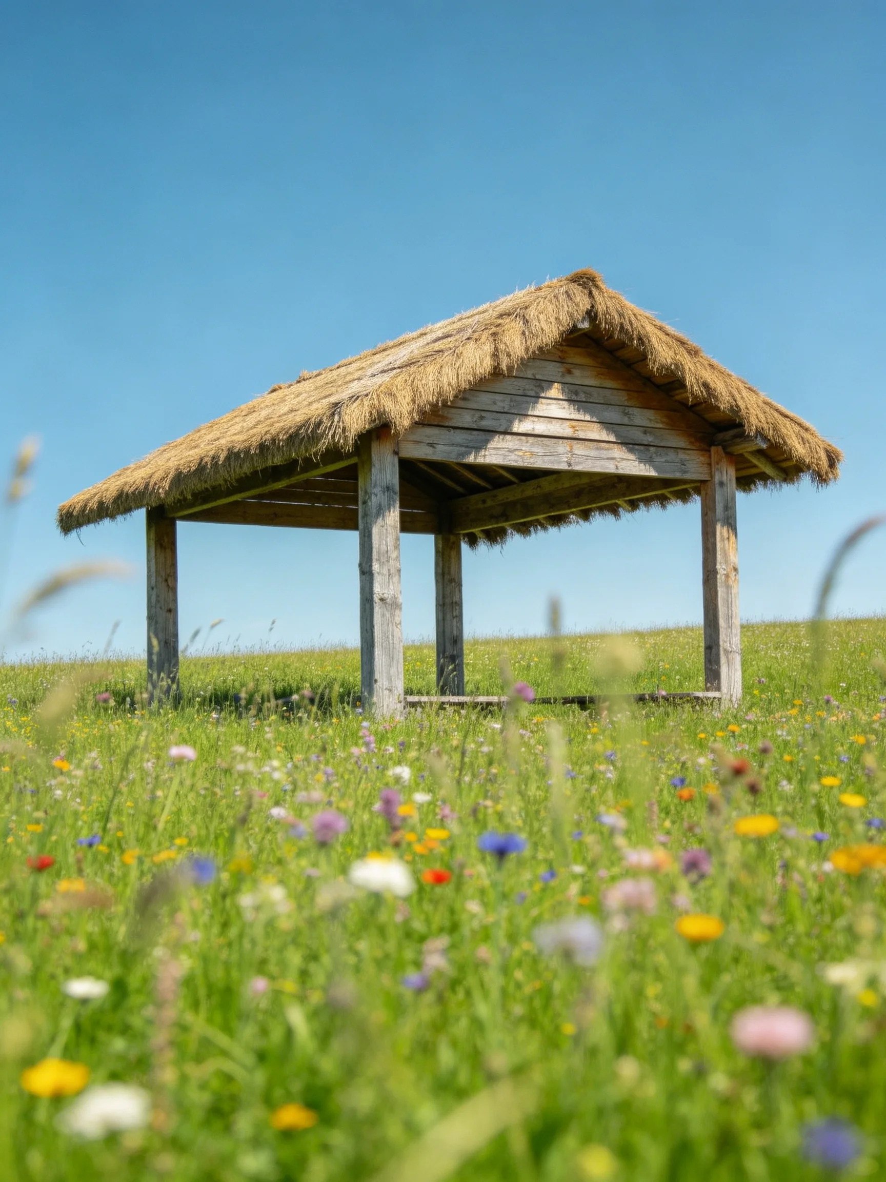 A rustic wooden shelter with straw roof amid colorful wildflowers under a clear blue sky