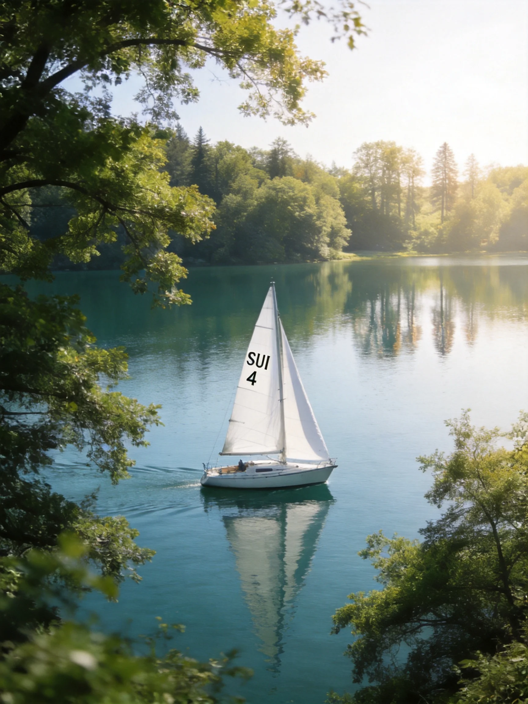 A sailboat marked SUI 4 sails on turquoise water amid lush green trees