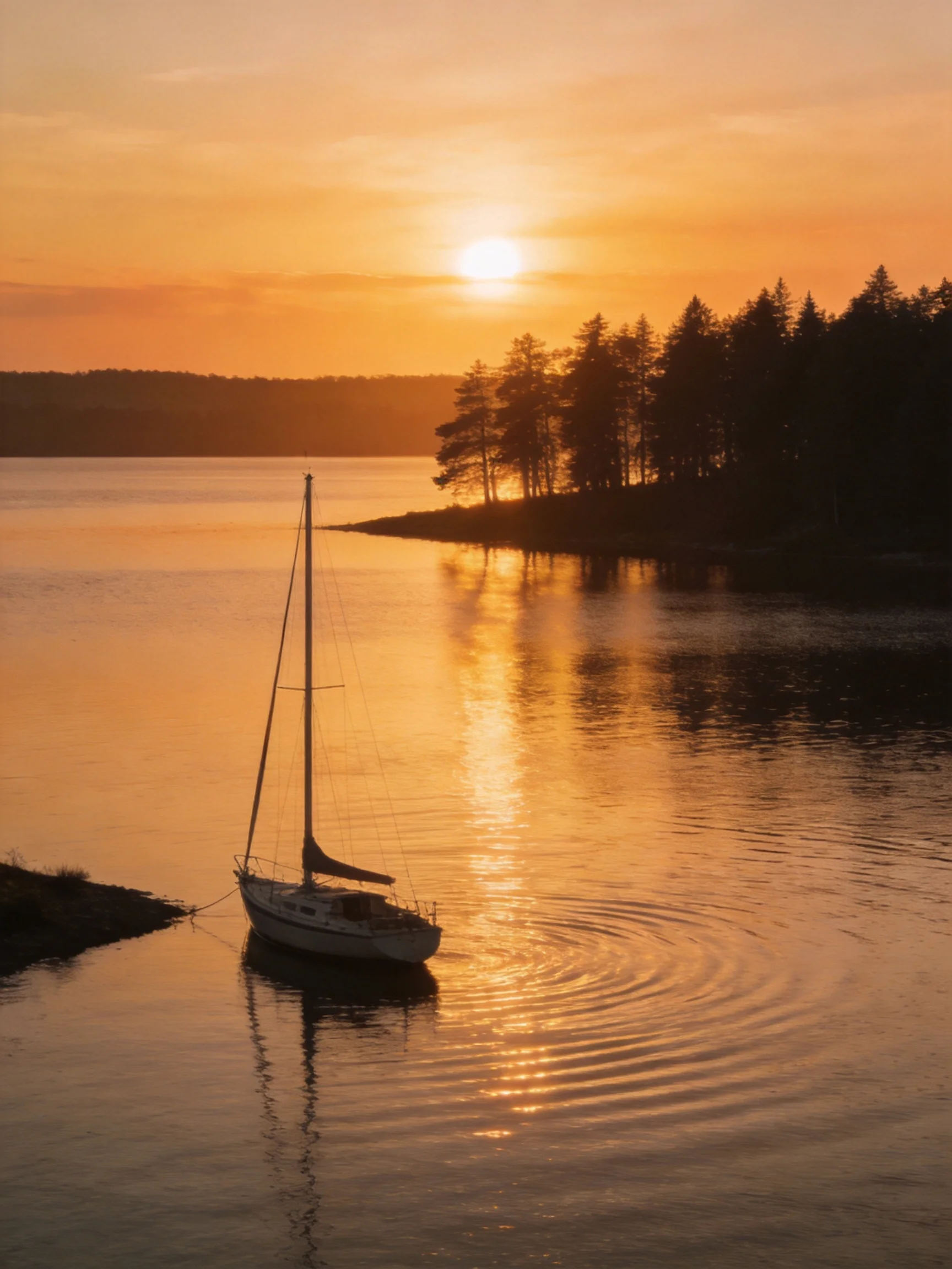 A sailboat moored near forested shores under a golden sunset