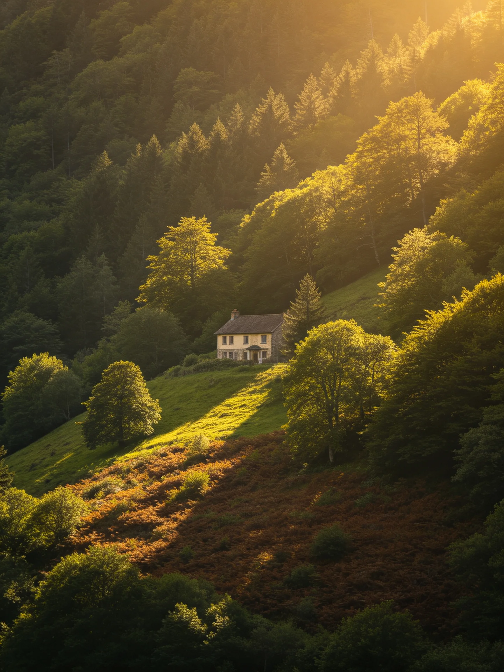 A secluded house nestled among lush green hills and golden forests