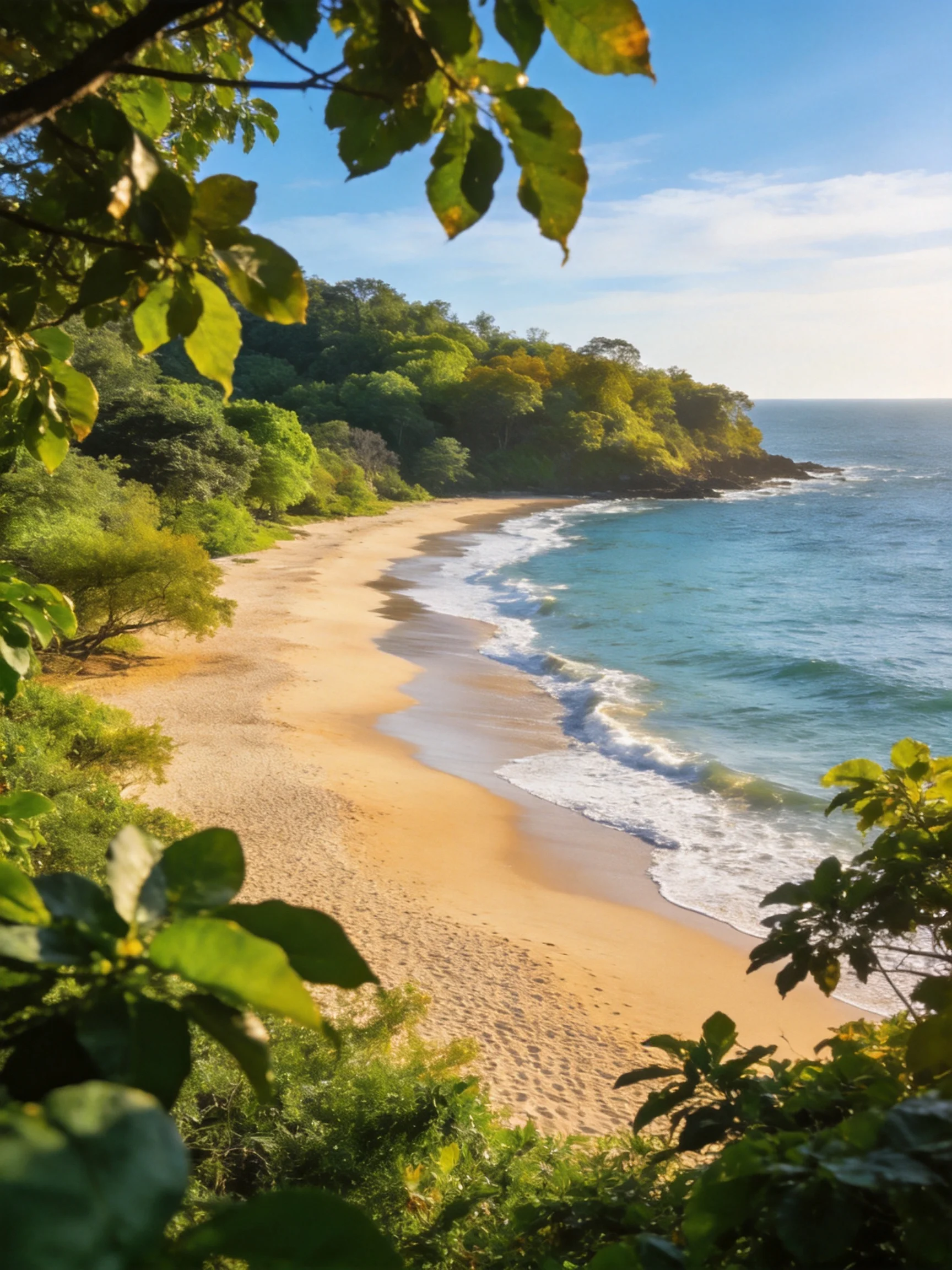 A secluded sandy beach with turquoise waters and lush greenery