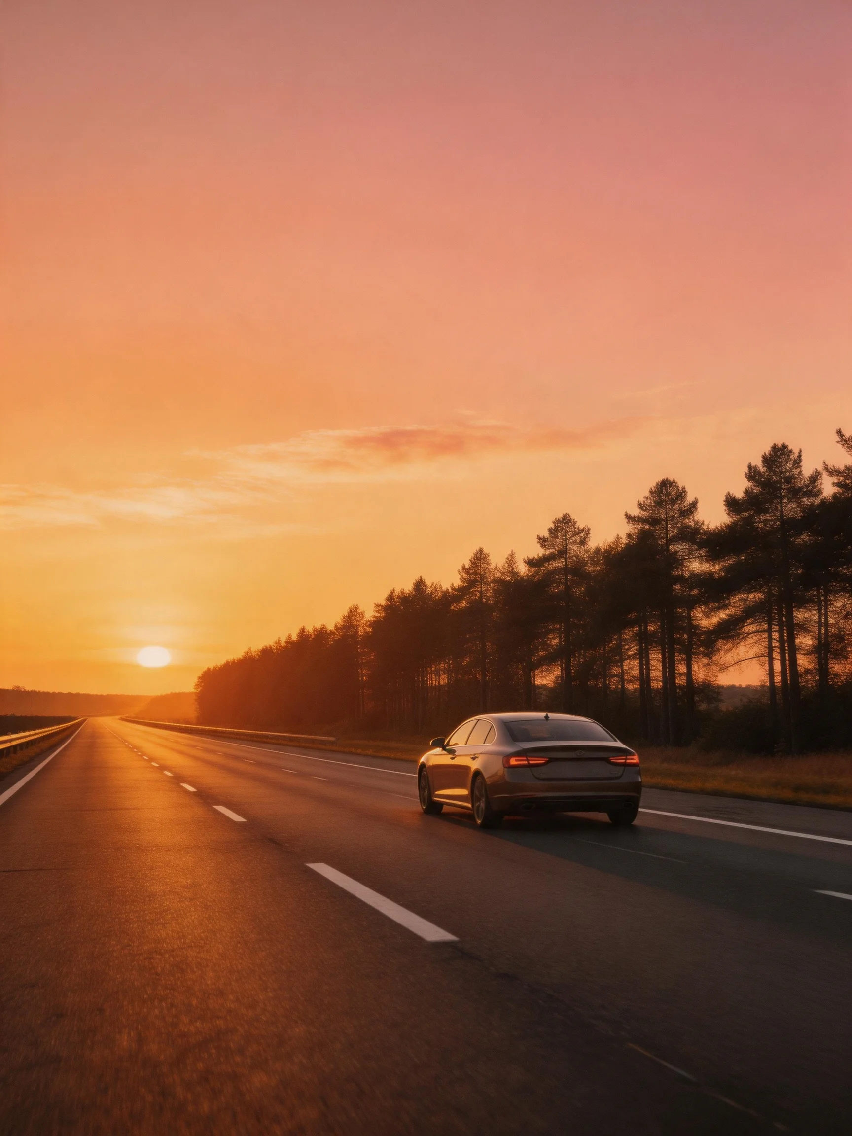 A sedan drives along a wide highway beneath a vibrant sunset sky