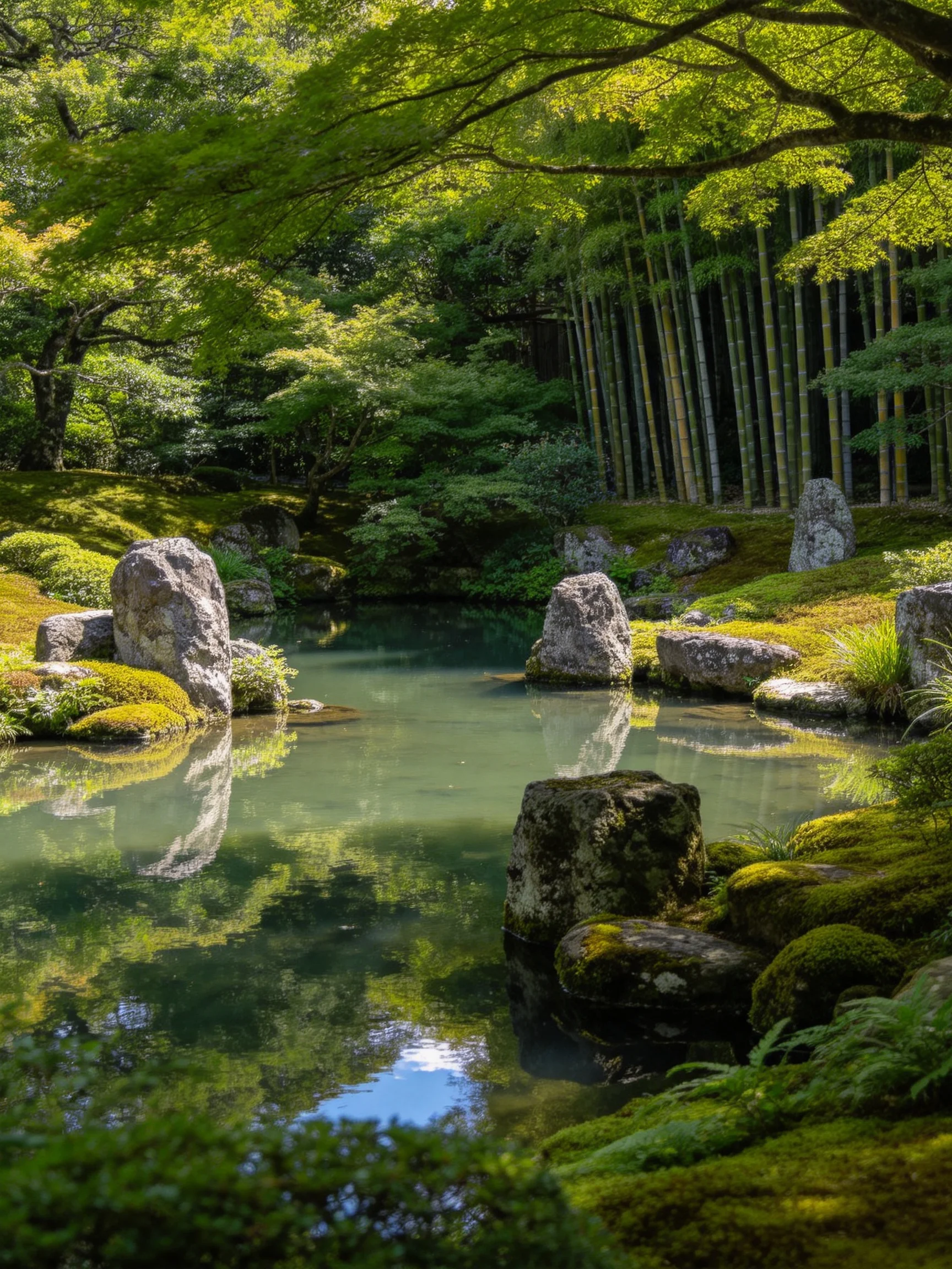 A serene Japanese garden with moss-covered rocks and a calm pond