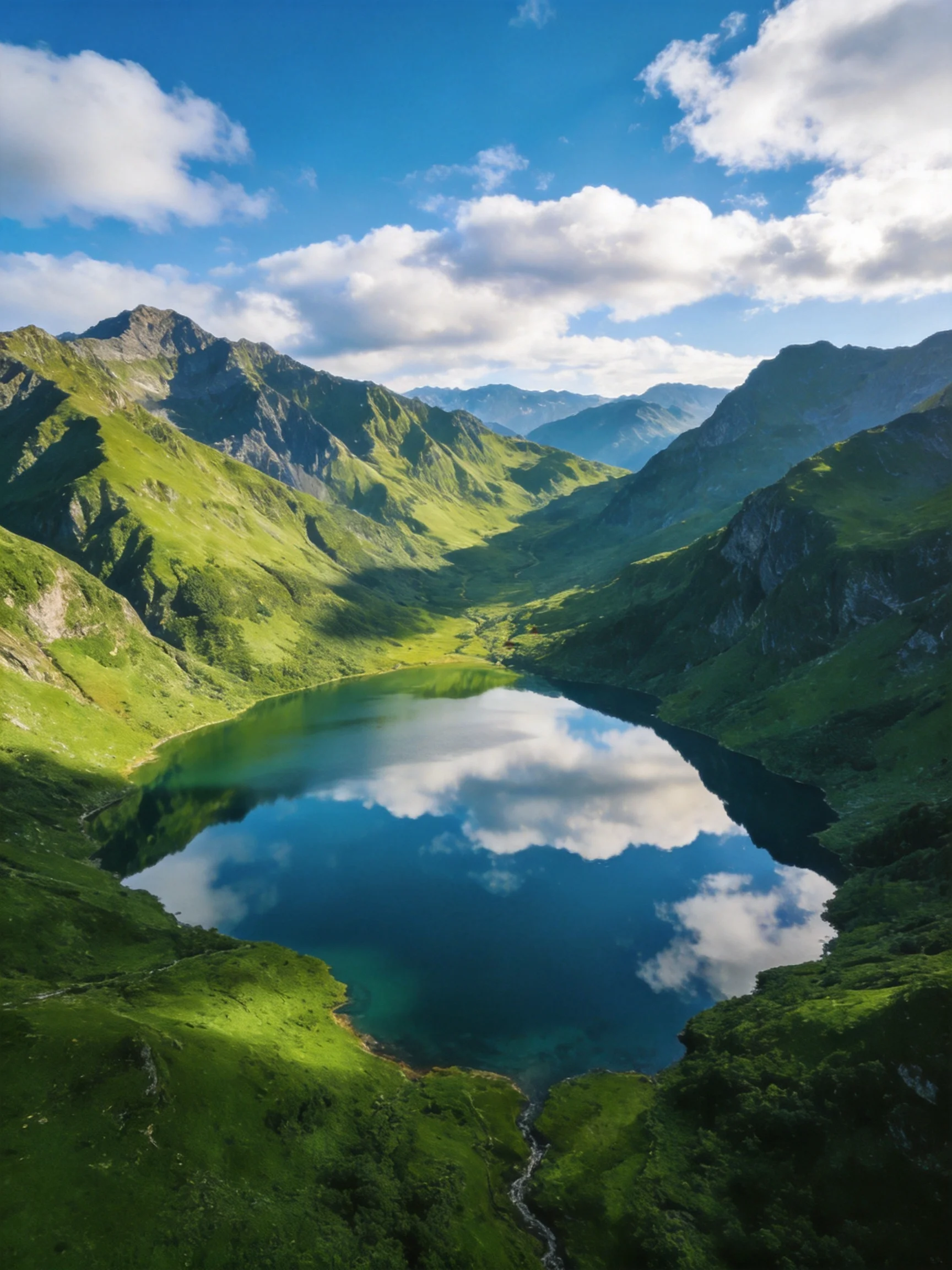 A serene alpine lake reflects blue skies among lush green mountains