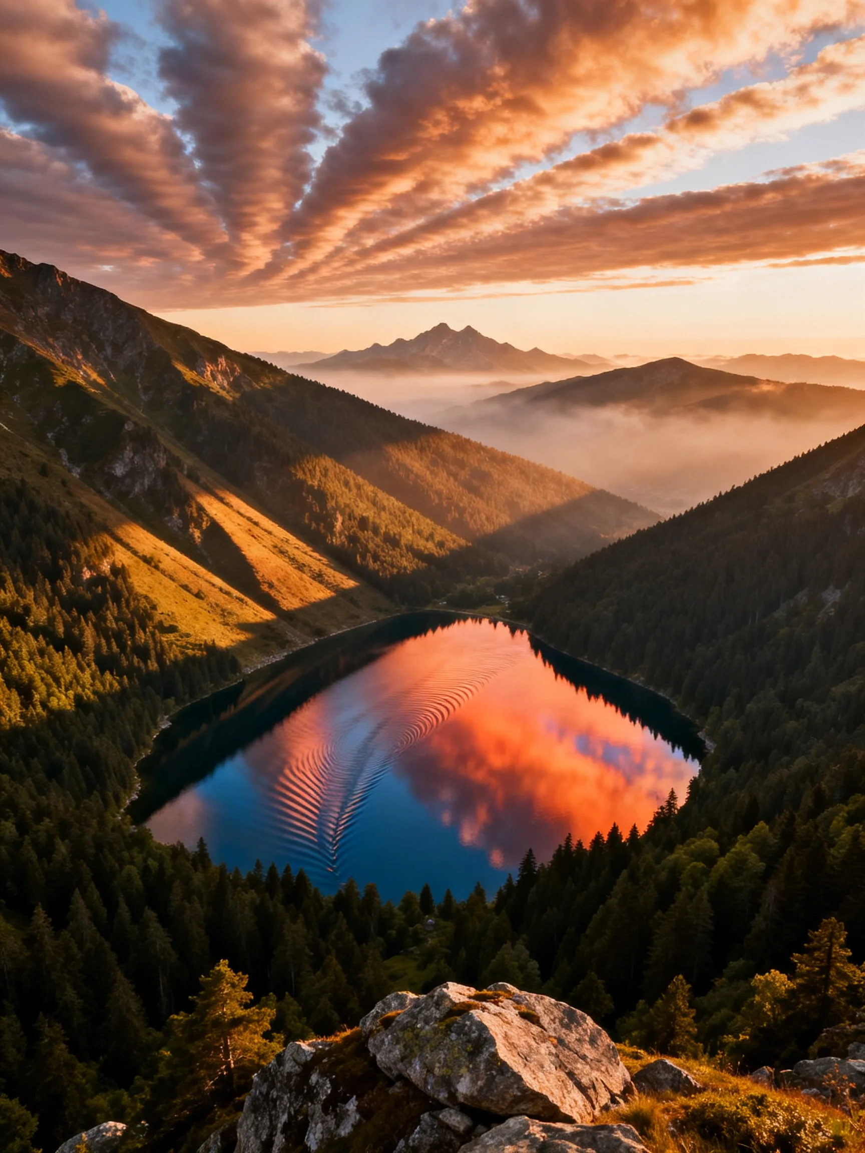 A serene alpine lake reflects vibrant sunset hues among forested mountain slopes