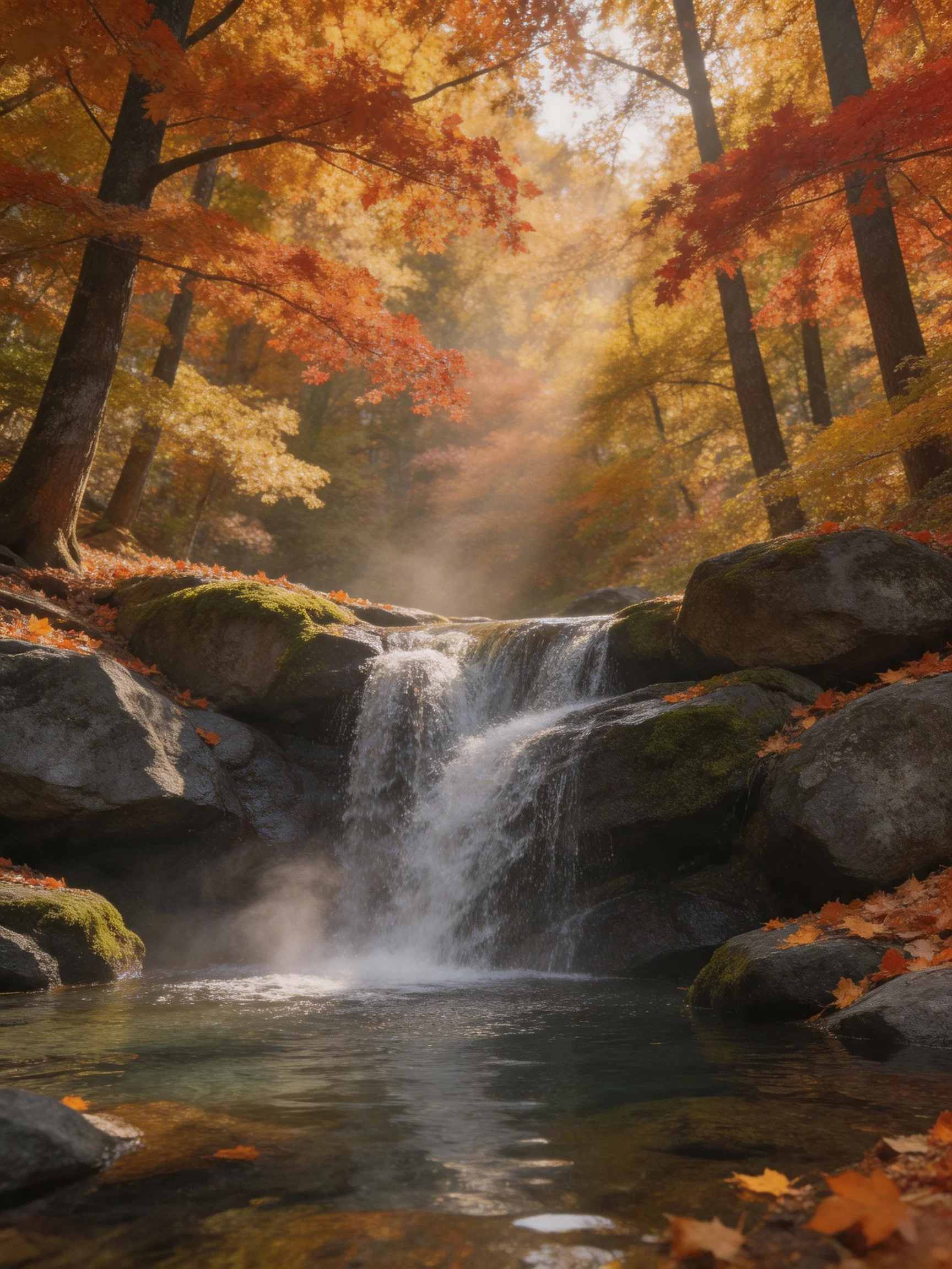 A serene autumn forest waterfall with golden foliage and mossy rocks