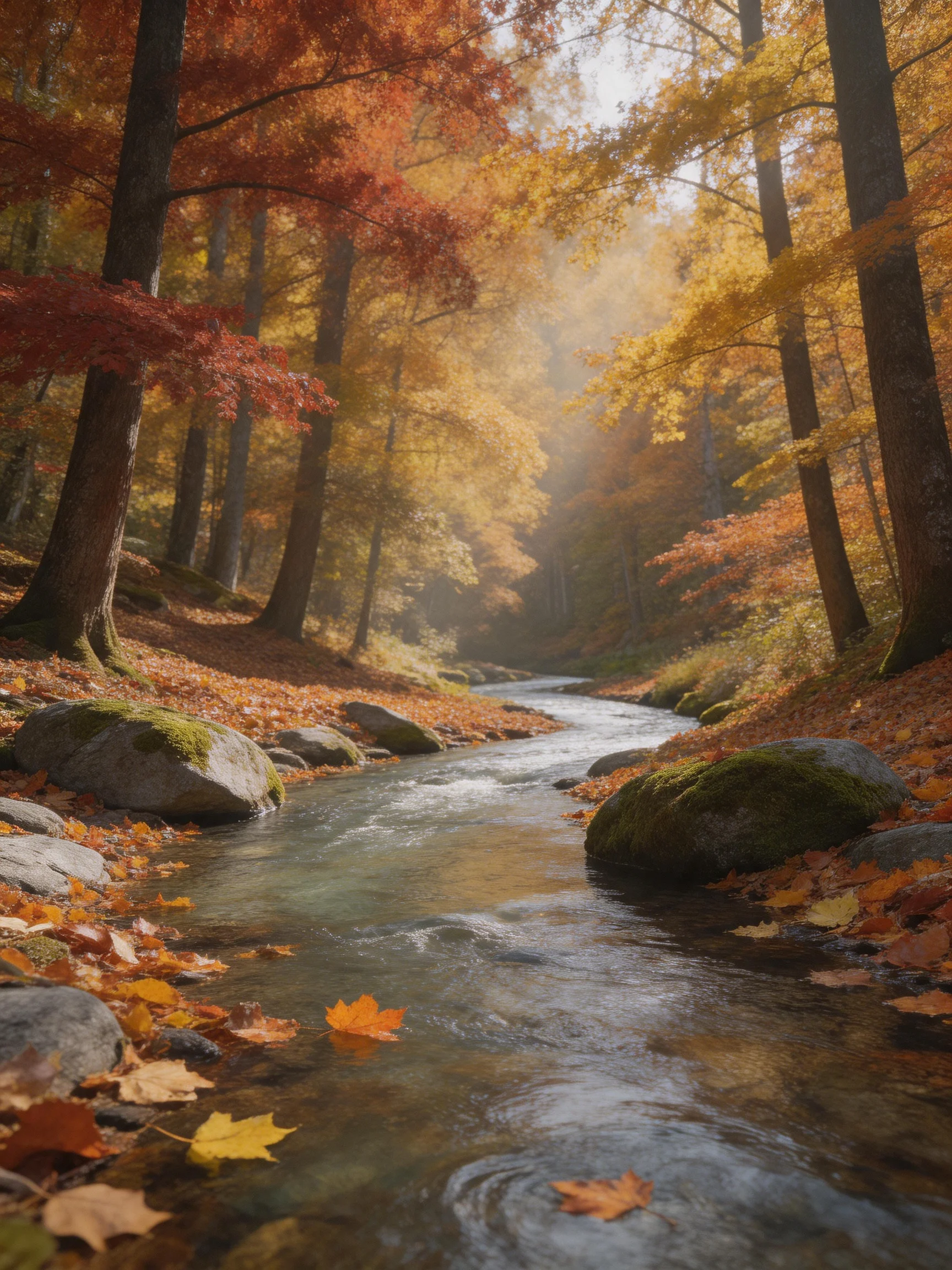 A serene autumn forest with a winding stream and colorful foliage