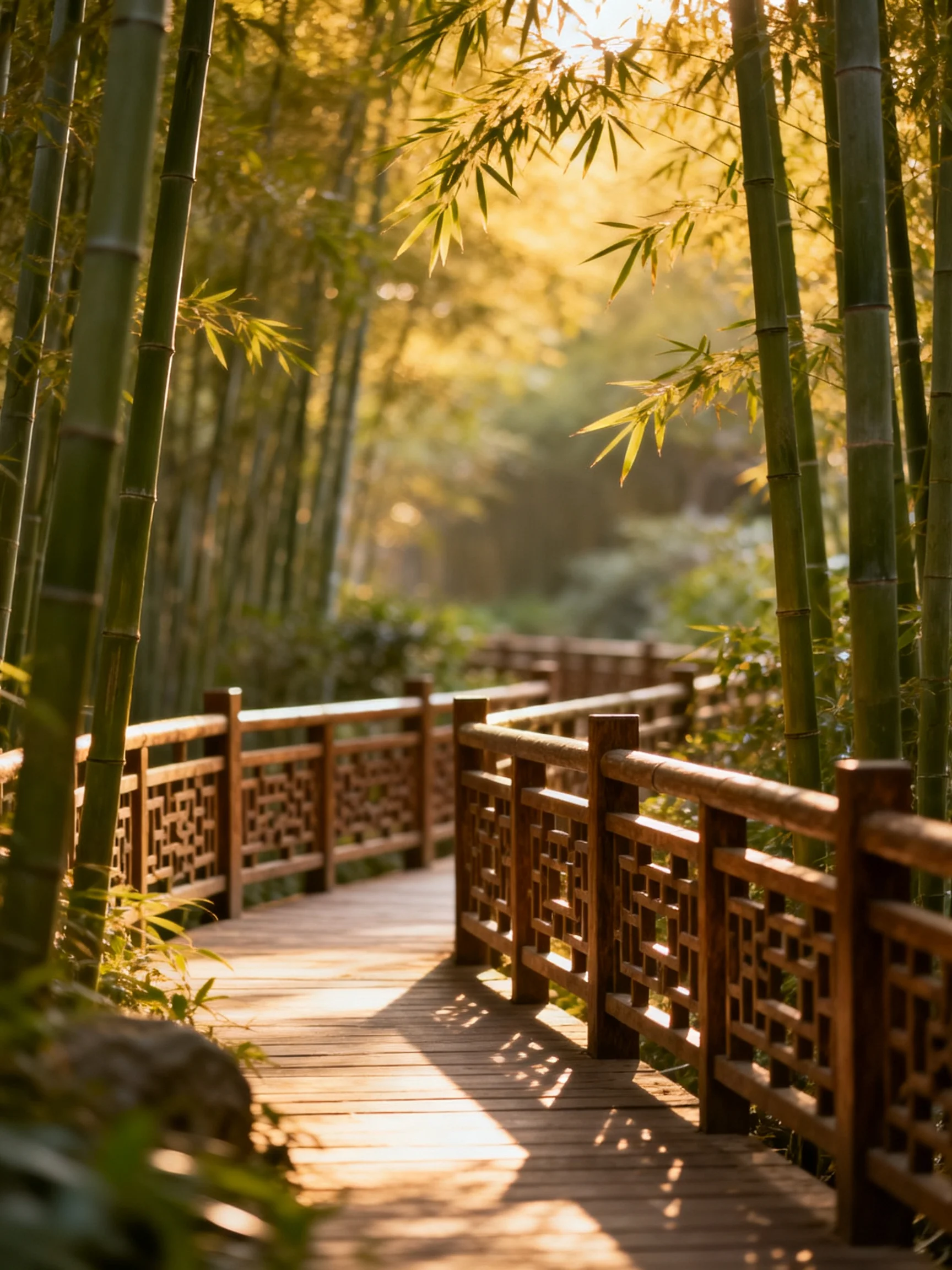 A serene bamboo forest with a winding wooden walkway bathed in golden sunlight