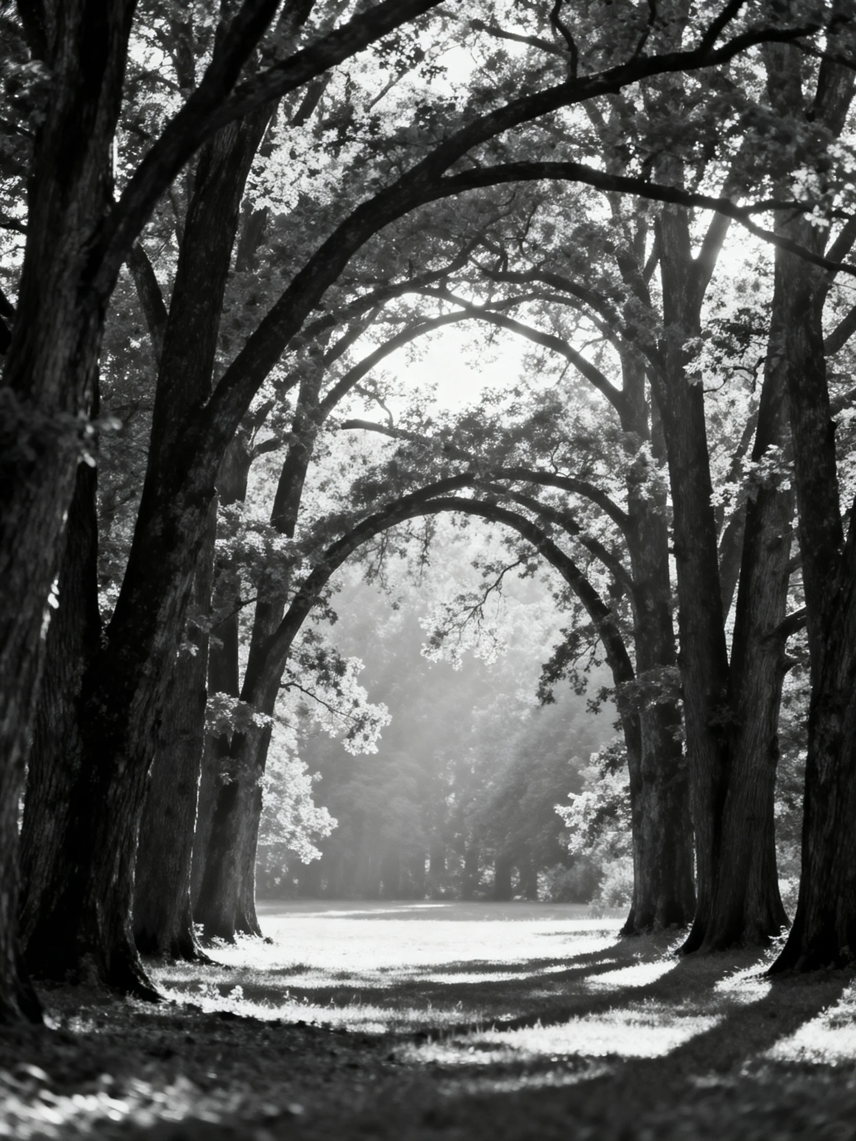 A serene black - and - white tree - lined pathway with arched canopies