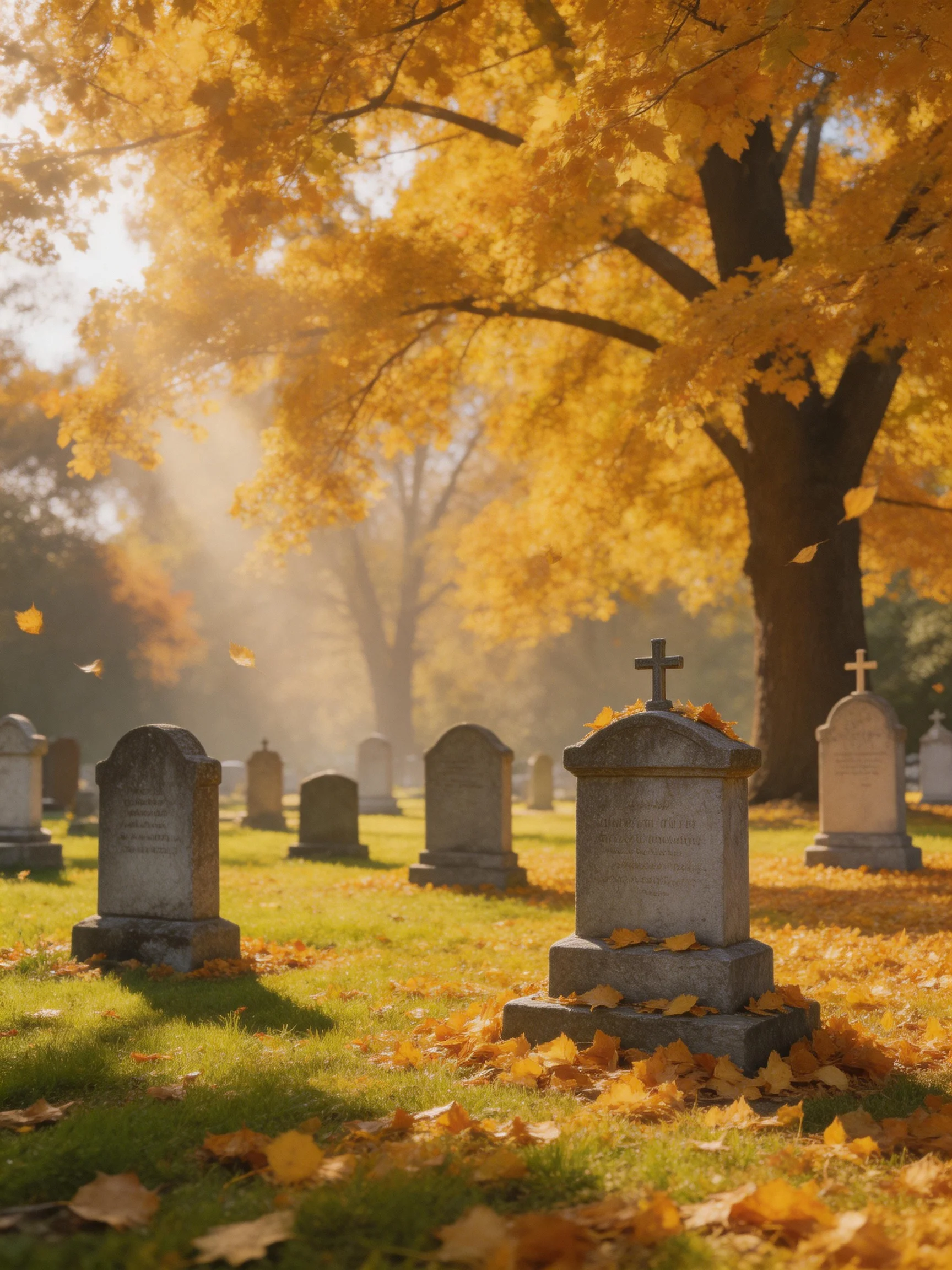 A serene cemetery with golden autumn foliage and stone gravestones