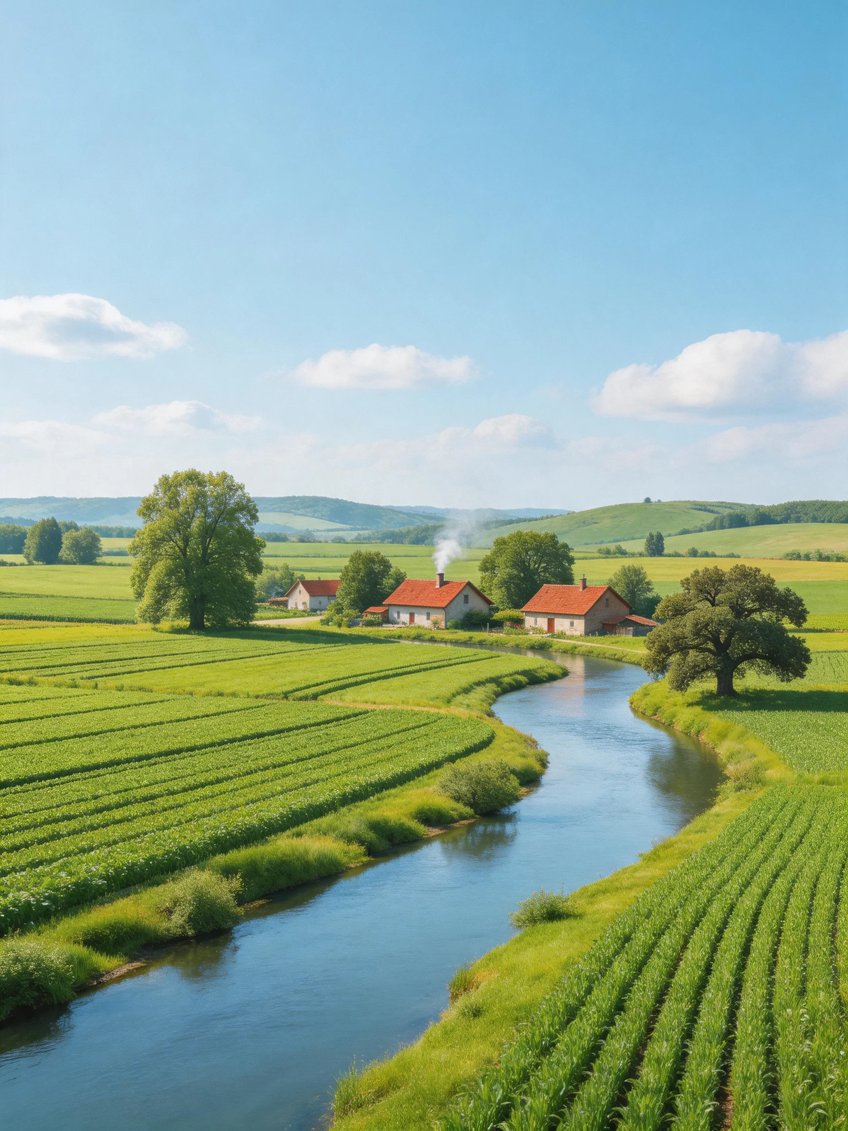 A serene countryside with green fields, red-roofed homes, and a winding blue river