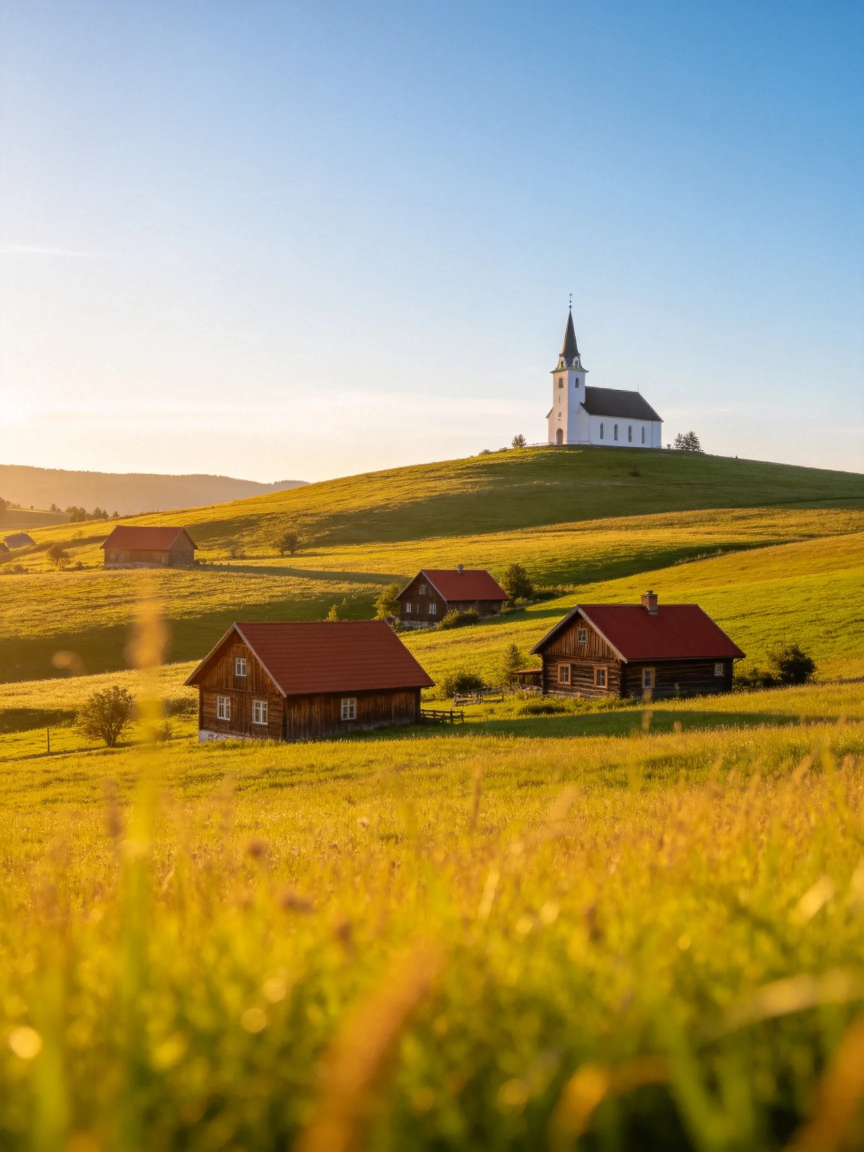 A serene countryside with wooden cabins, red-roofed homes, and a white church atop a hill
