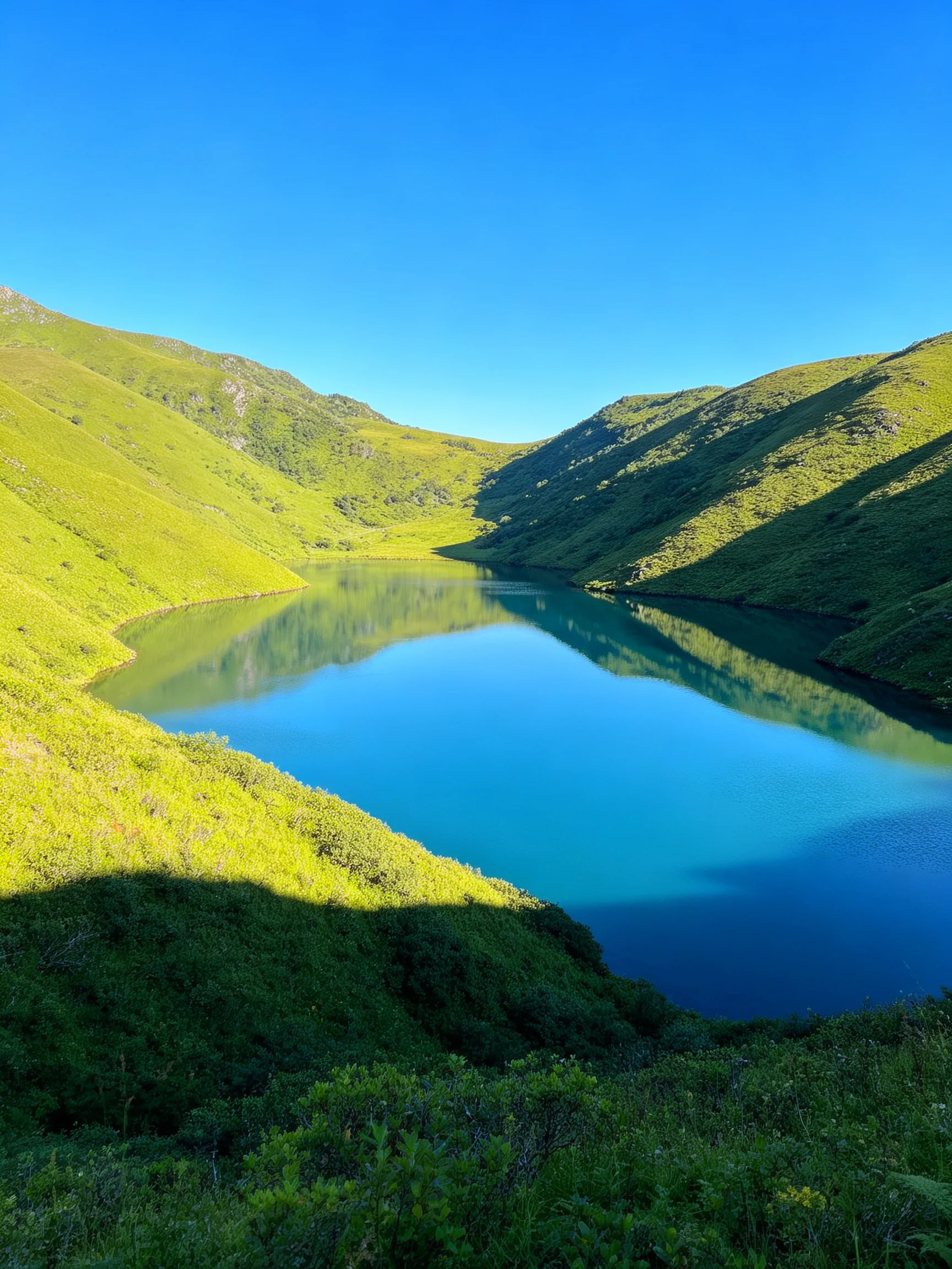 A serene crater lake nestled among vibrant green hills under bright blue sky