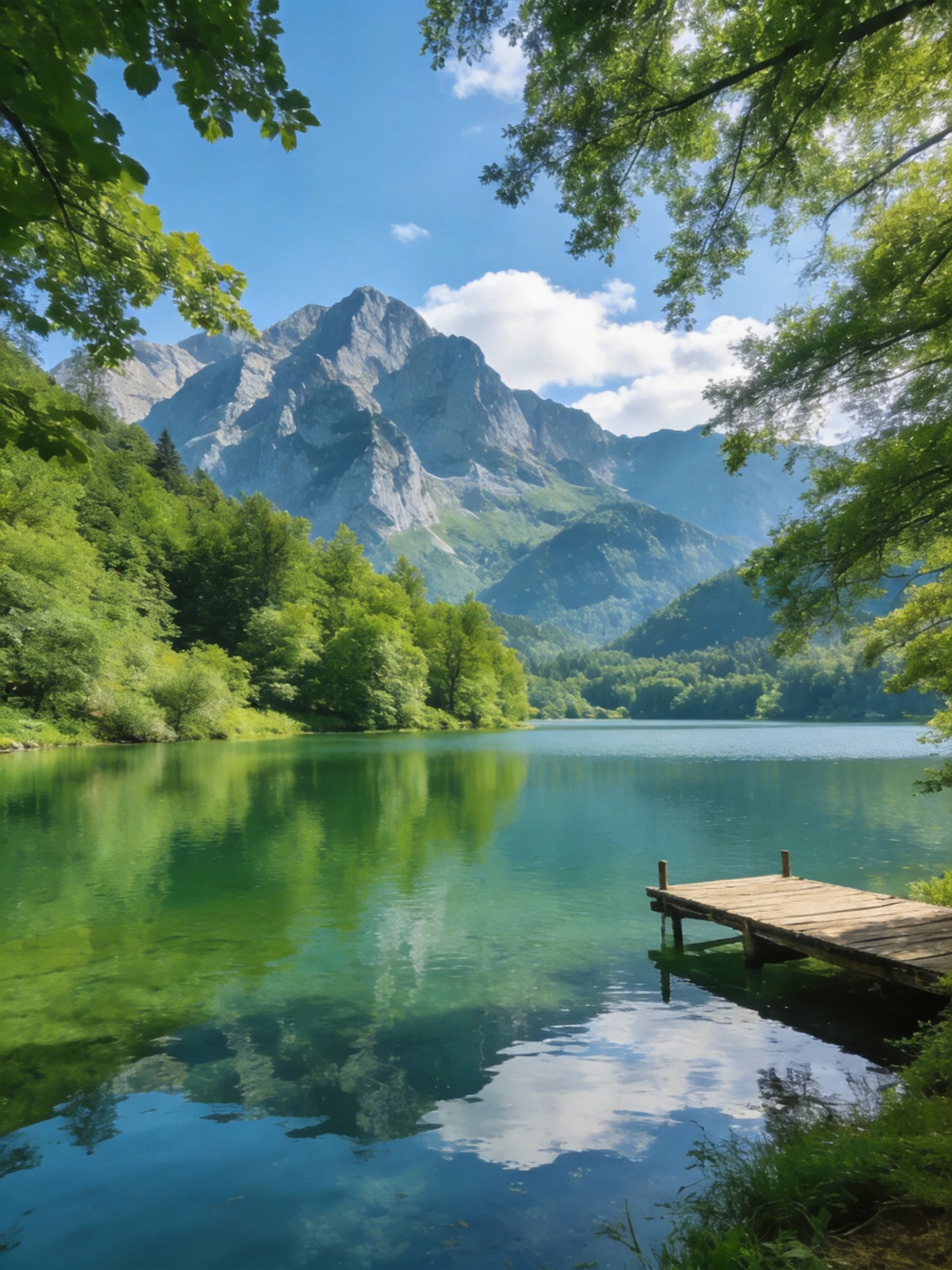 A serene emerald lake surrounded by lush forests and towering mountains