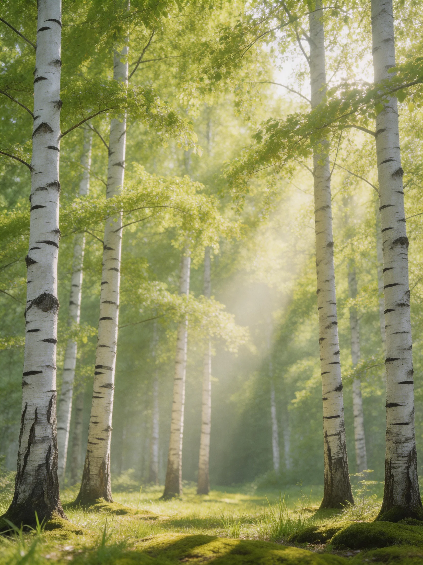 A serene forest of tall white-barked birches with lush greenery