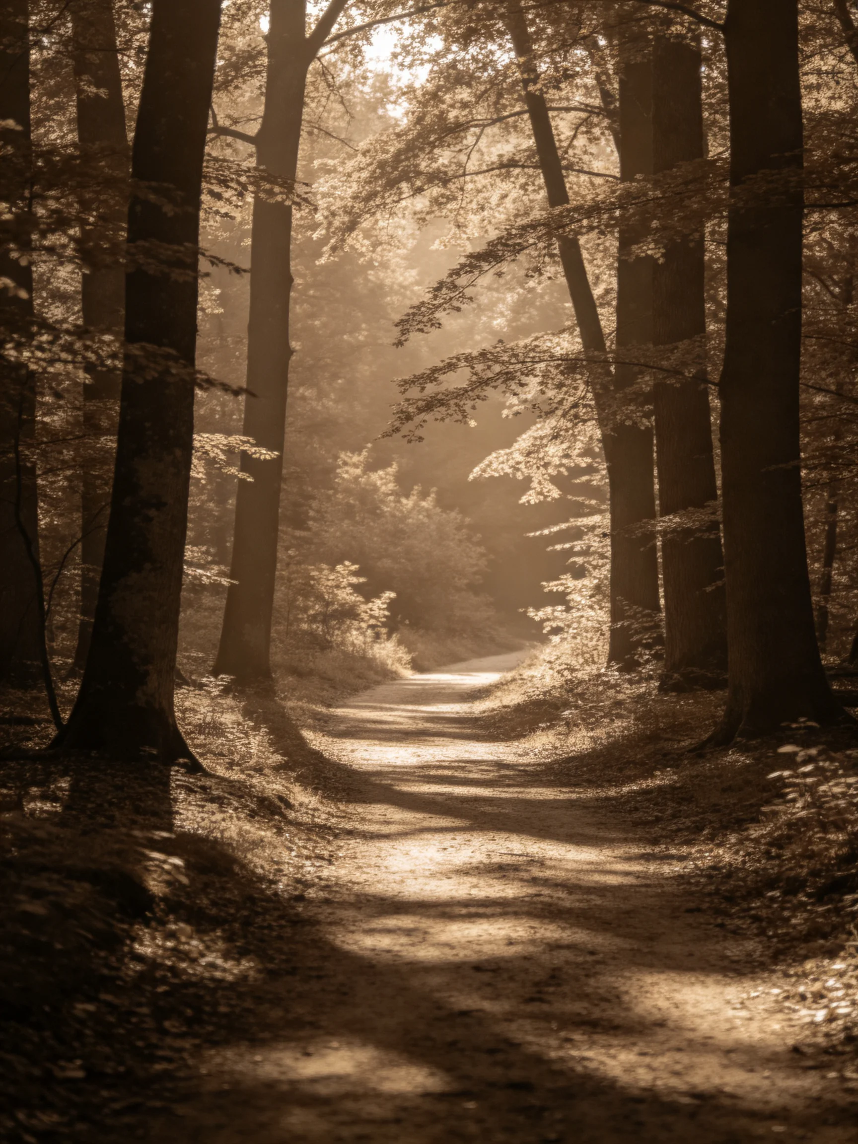 A serene forest path lined with tall dark trees in warm sepia tones