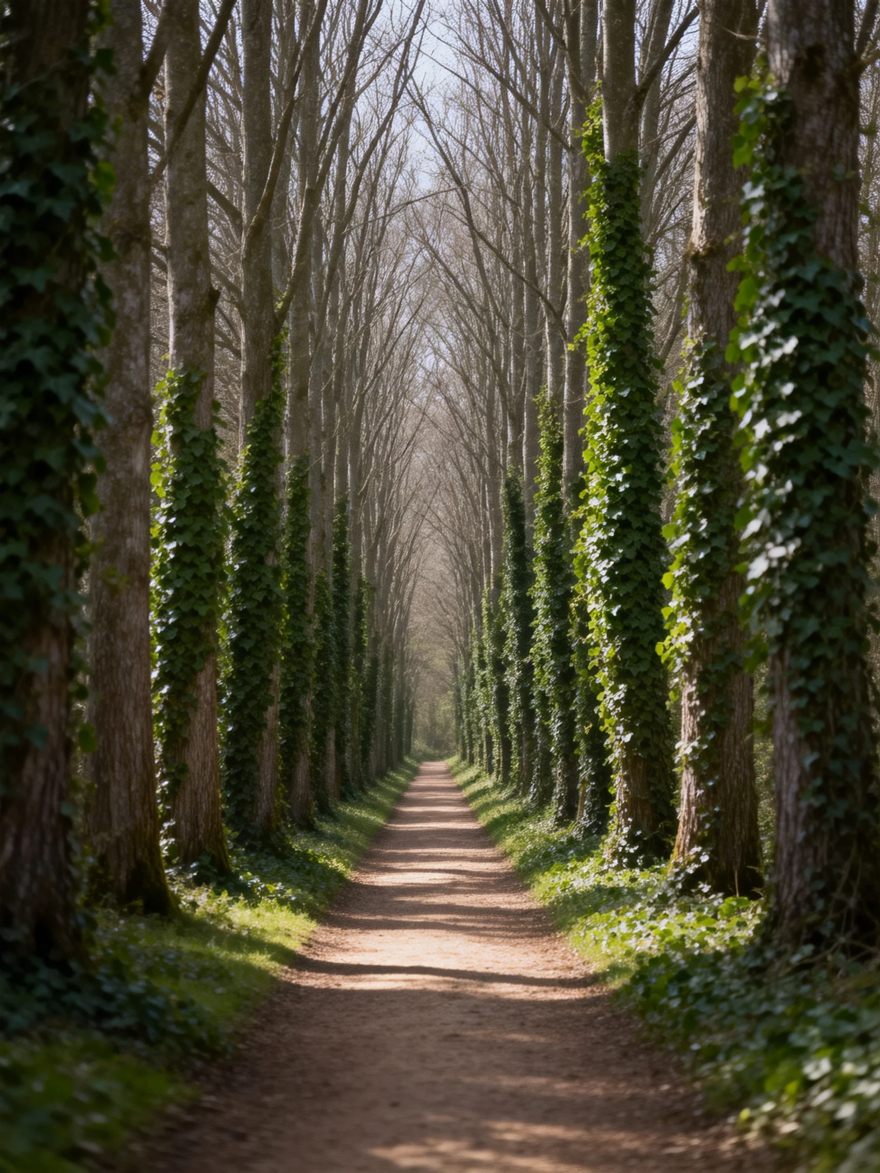 A serene forest path lined with tall, ivy-clad trees