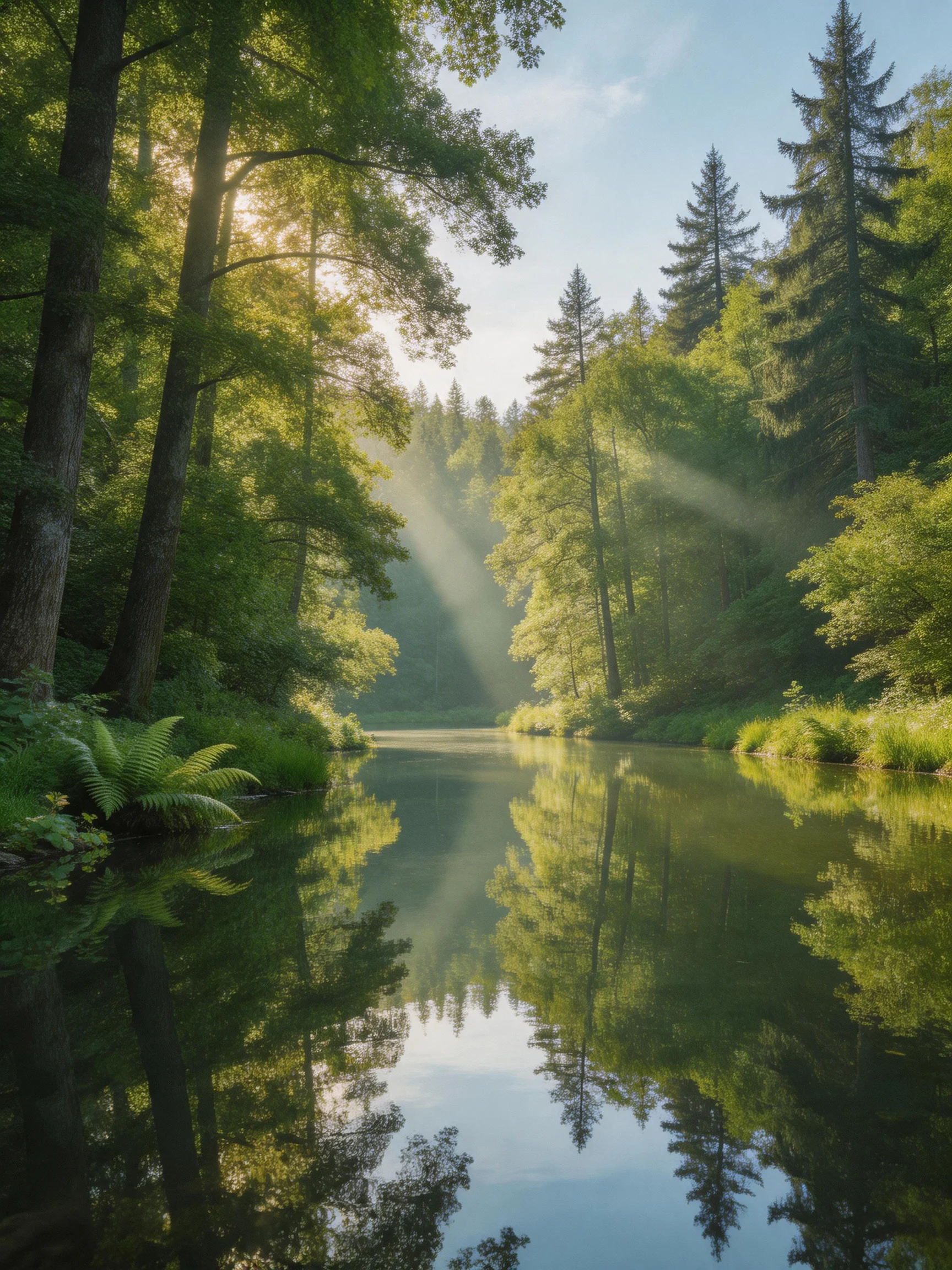 A serene forest river reflecting tall green trees under soft sunlight