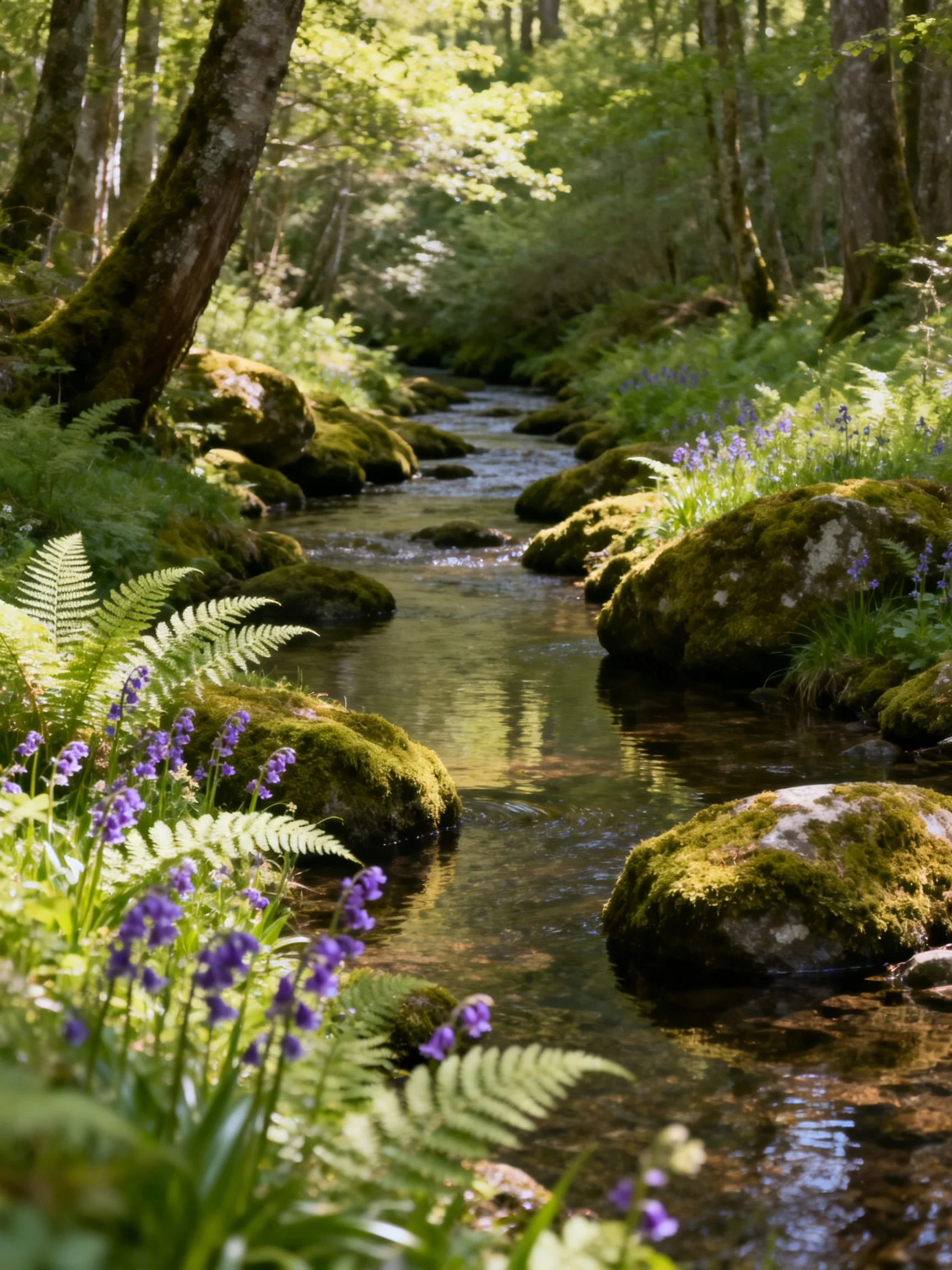 A serene forest stream flows past mossy rocks and purple blooms