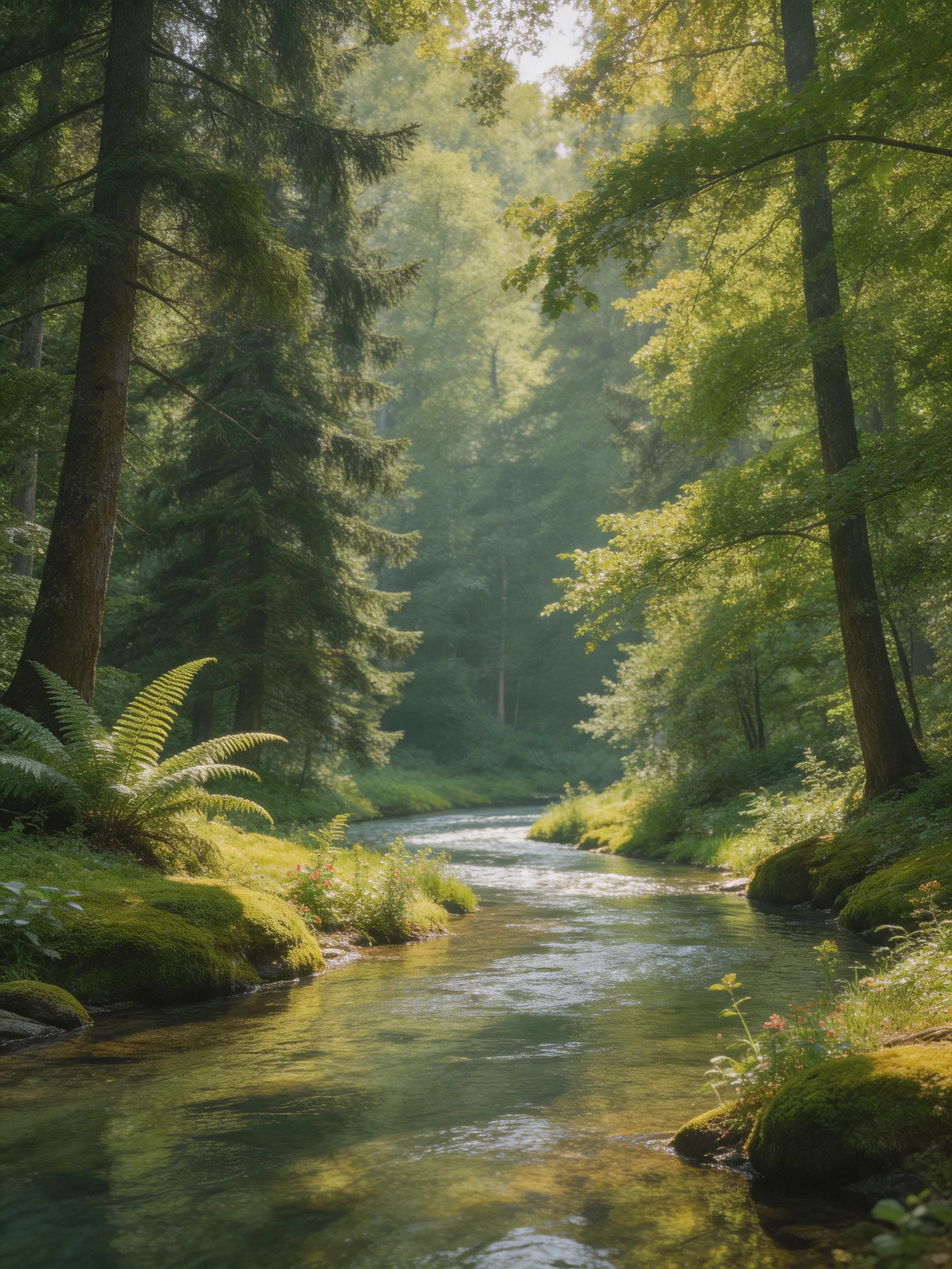 A serene forest stream winding through lush green foliage
