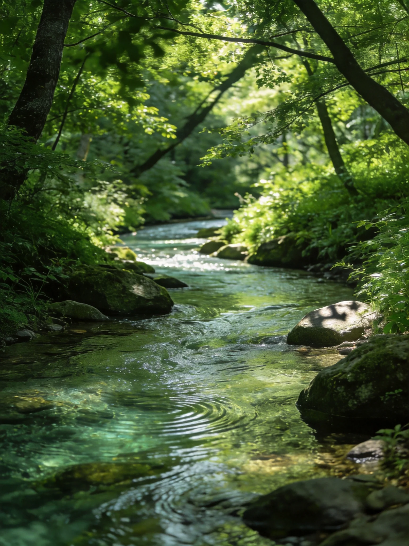A serene forest stream with clear turquoise water and lush green foliage