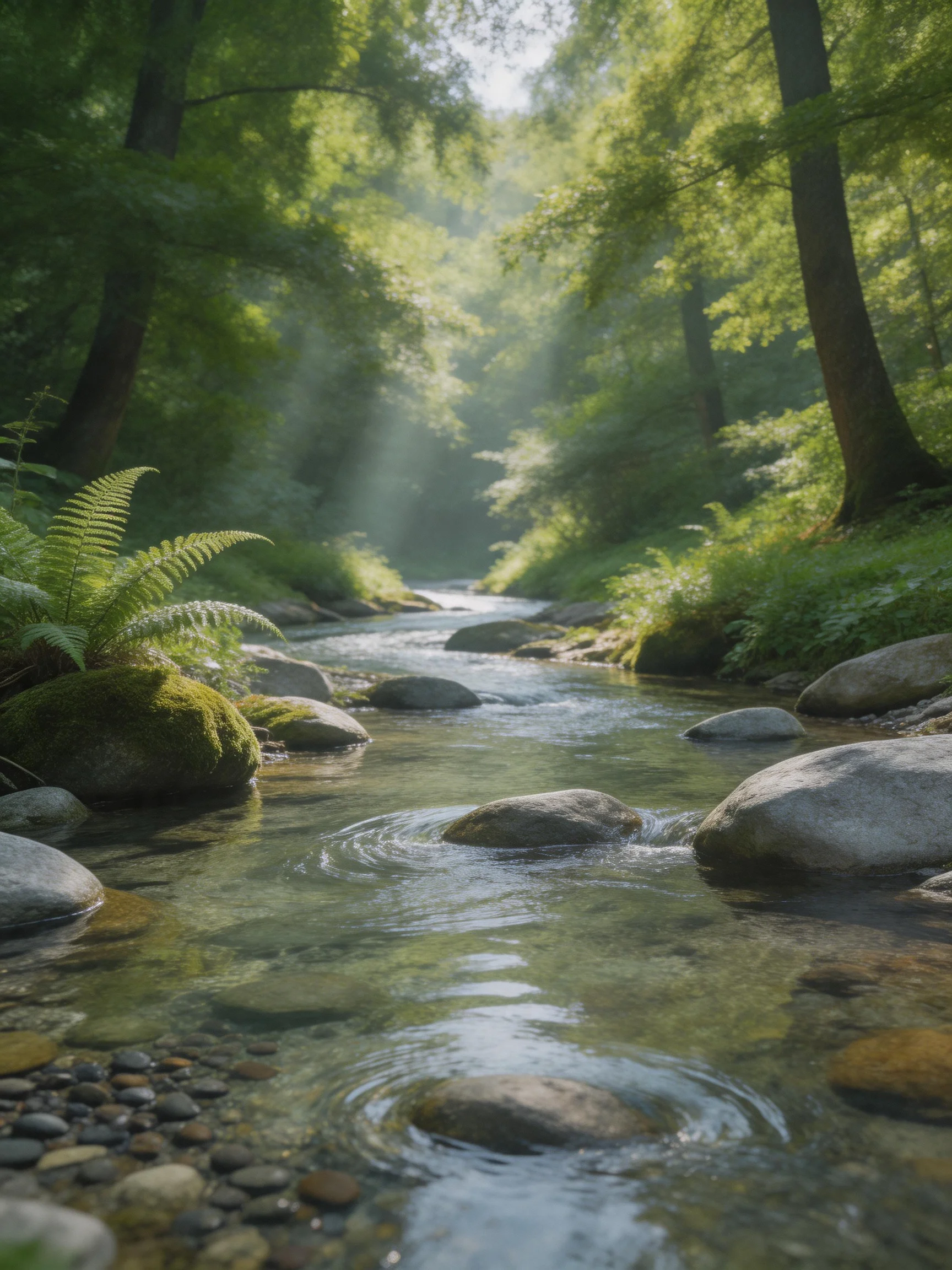 A serene forest stream with clear water and moss-covered rocks
