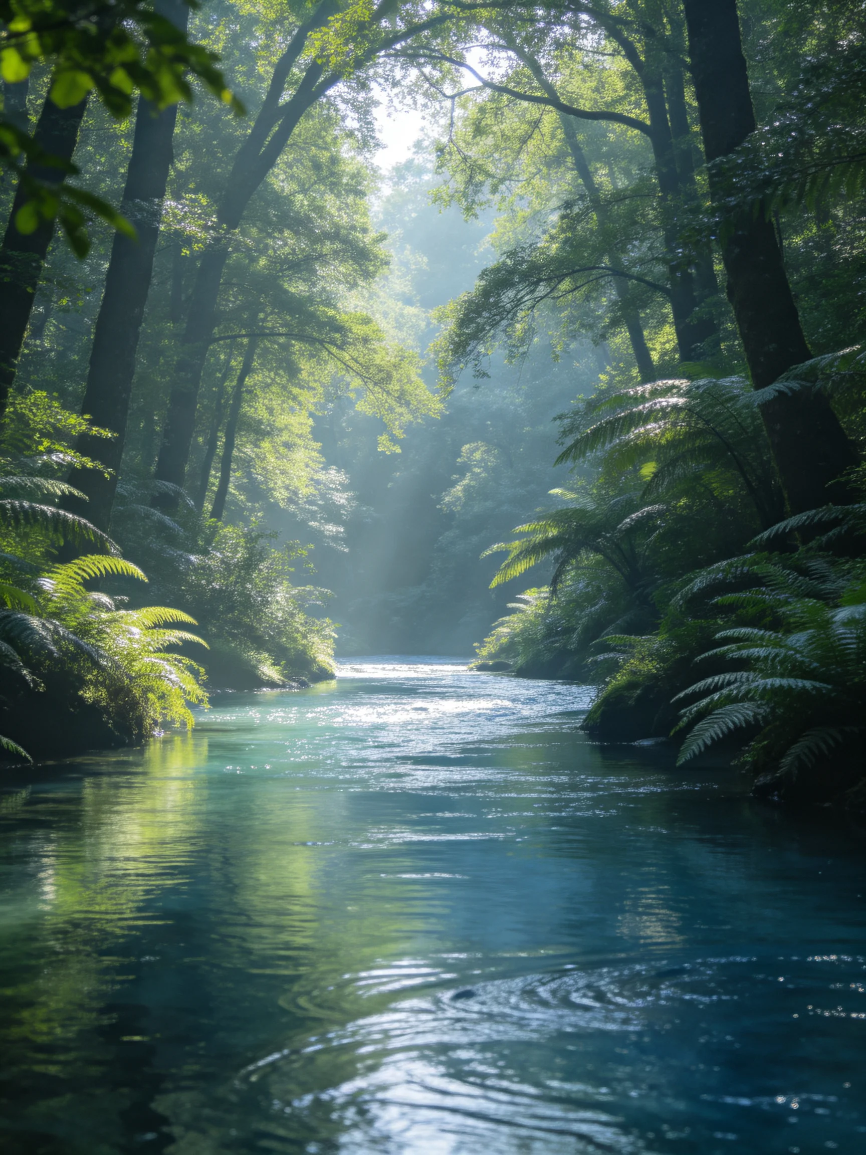 A serene forest stream with lush ferns and dappled sunlight