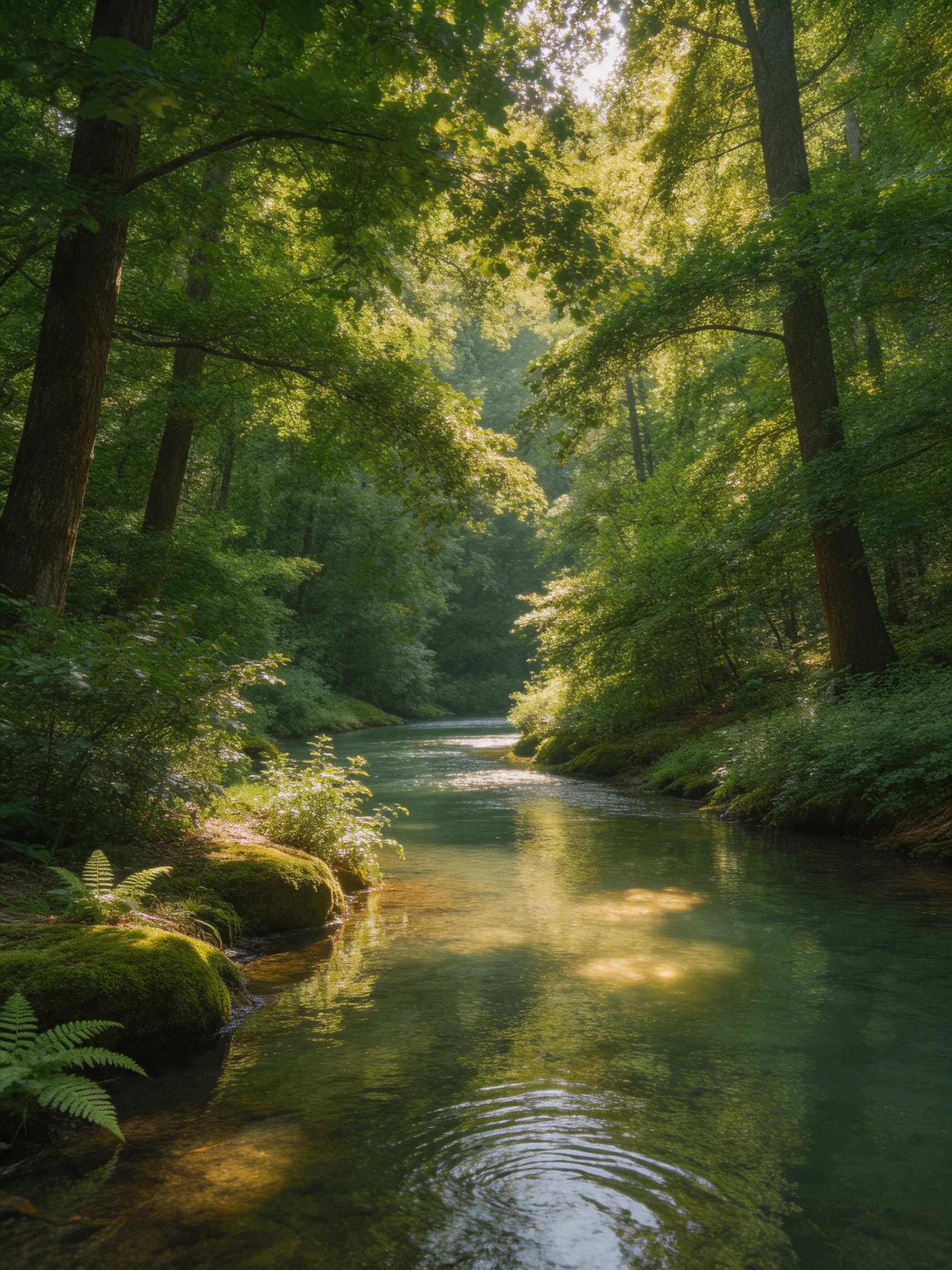 A serene forest stream with lush green foliage and golden sunlight