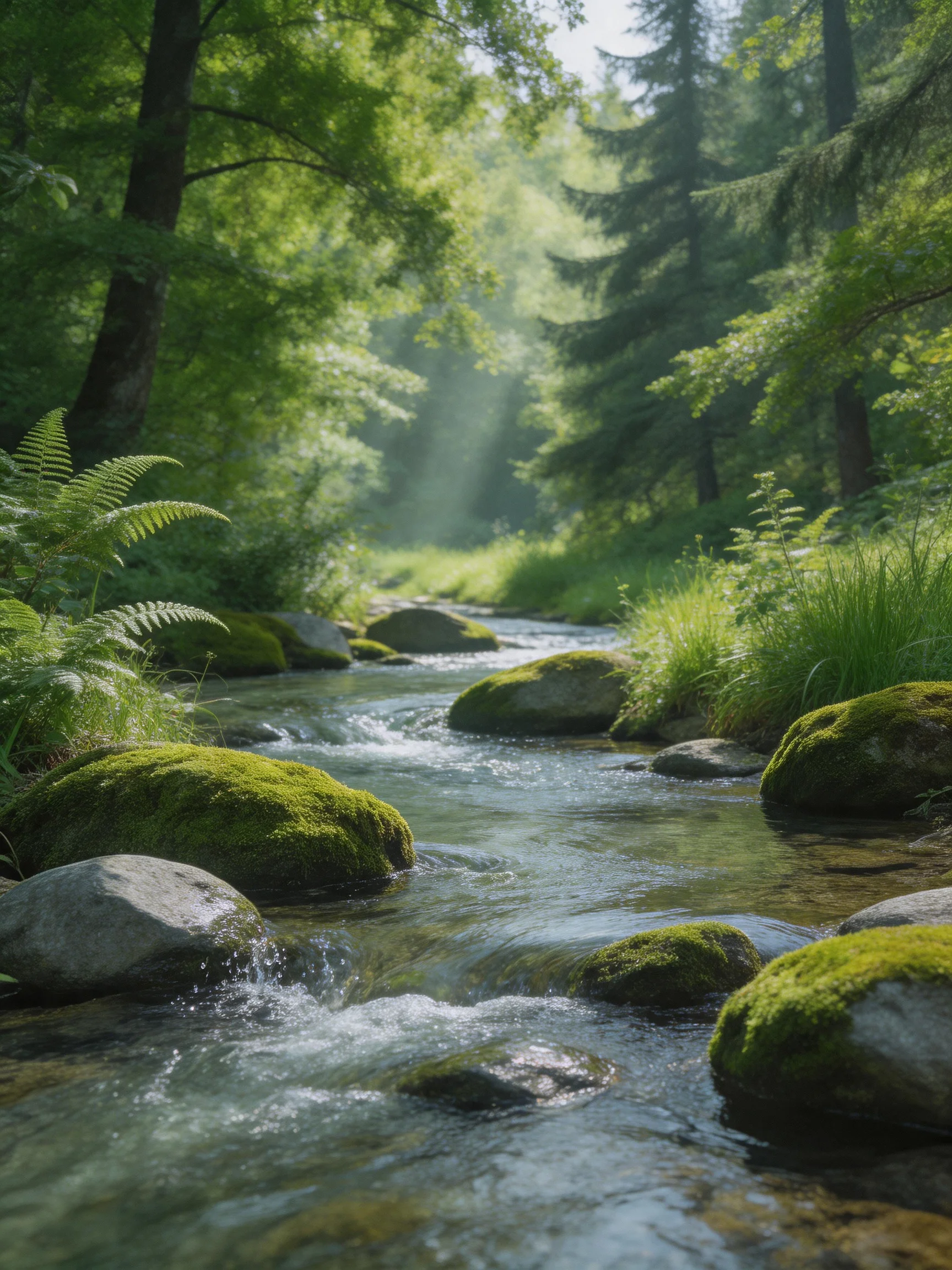 A serene forest stream with moss-covered rocks and dense greenery