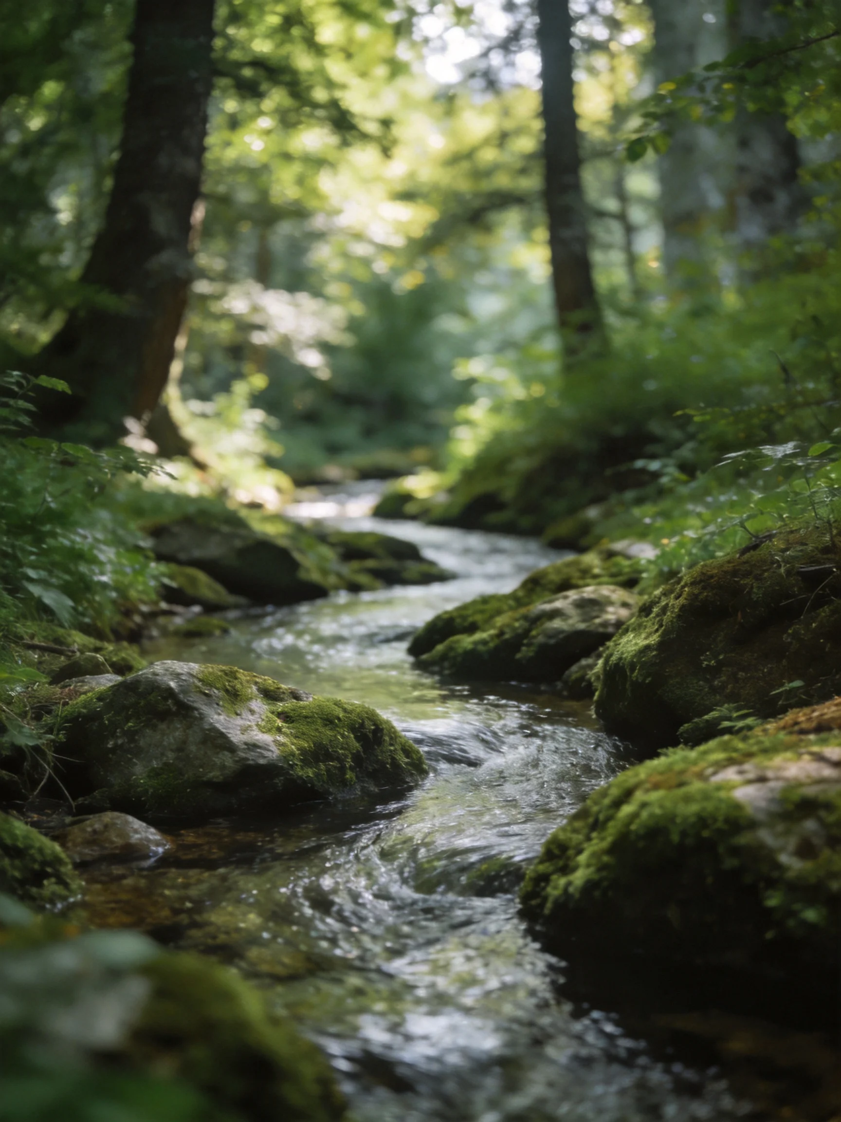 A serene forest stream with moss-covered rocks and lush green foliage
