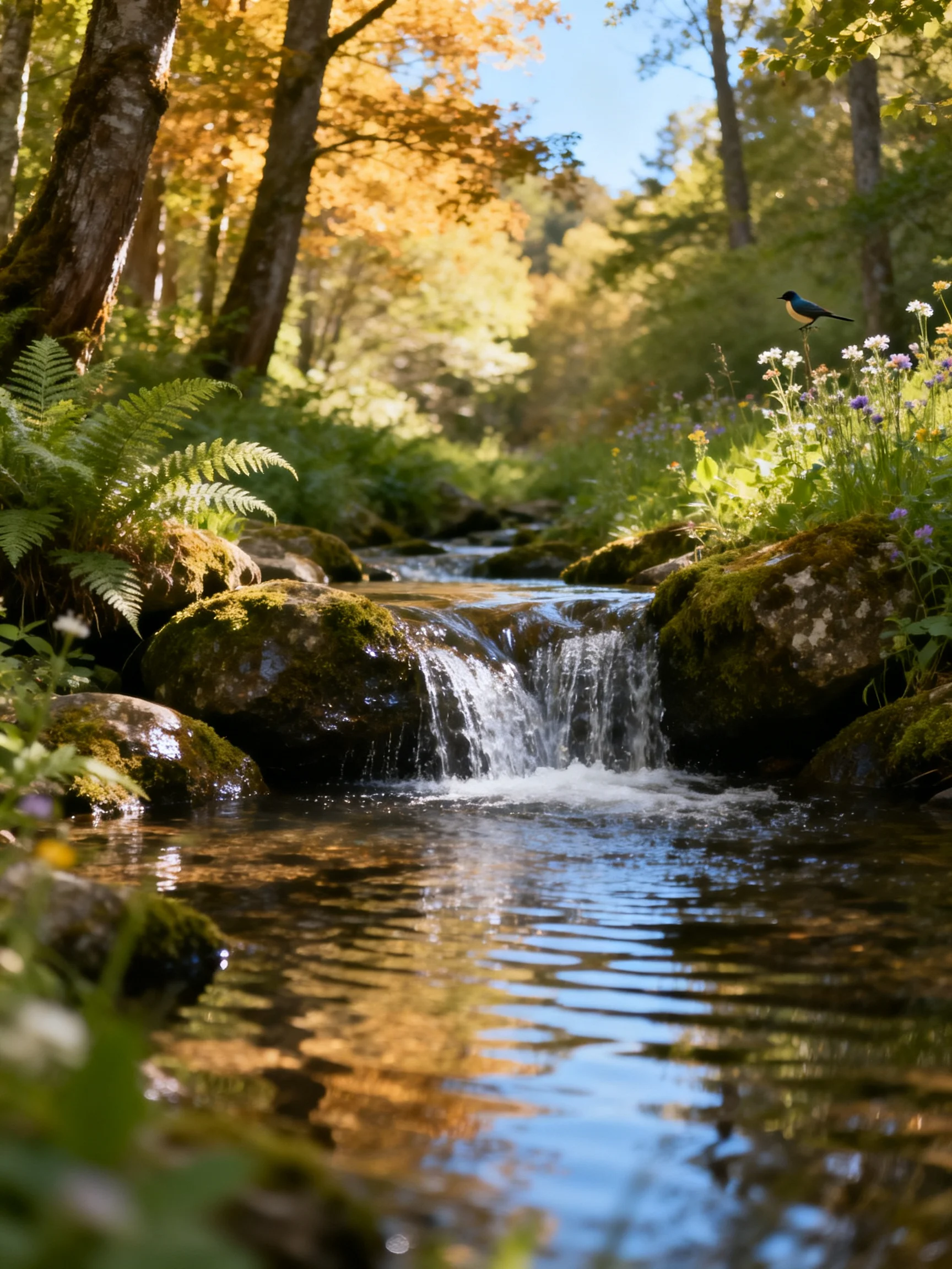 A serene forest stream with mossy rocks and golden foliage